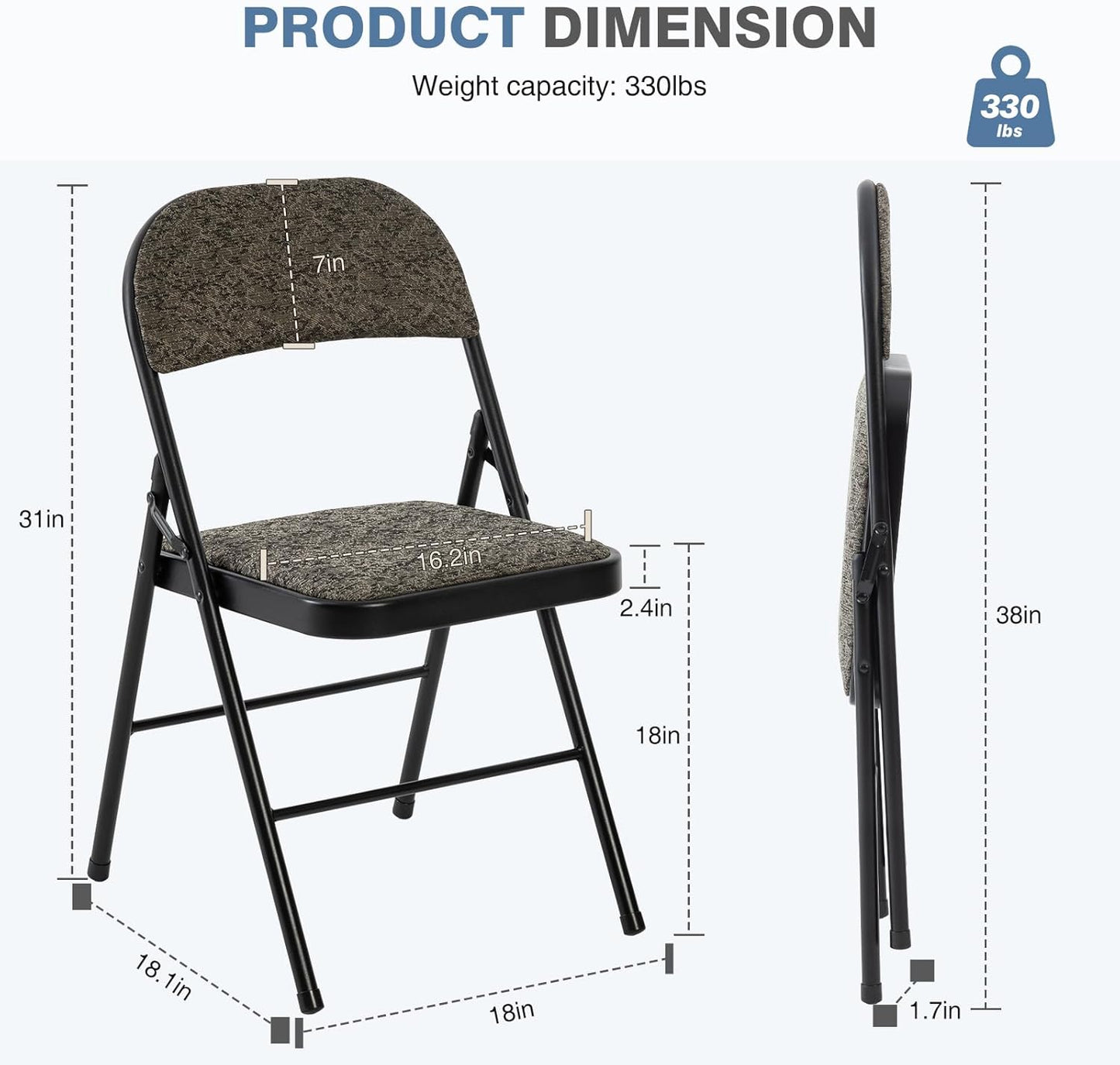 DUMOS 2 Pack Folding Chairs with Padded Cushion and Back - Fabric Stackable Portable Dining Chairs Set, for Home and Office, Conference, Wedding, Party, Patio, Garden, for Indoor Outdoor, Black Grey