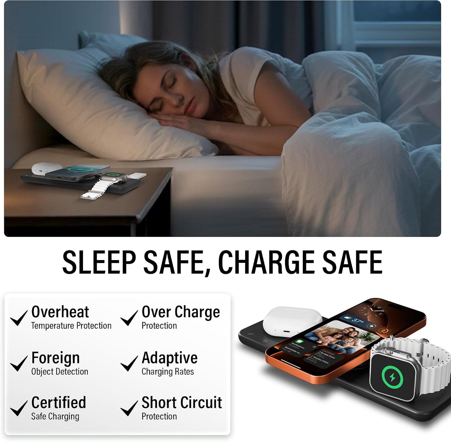 Nimble Podium 3-in-1 Wireless Charging Station for Apple, Qi2-Certified | 15W Magsafe Charger Stand with Adapter, USB-C Cable, Wireless Charger for iPhone 17/16/15/14/13, Apple Watch, Airpod Series