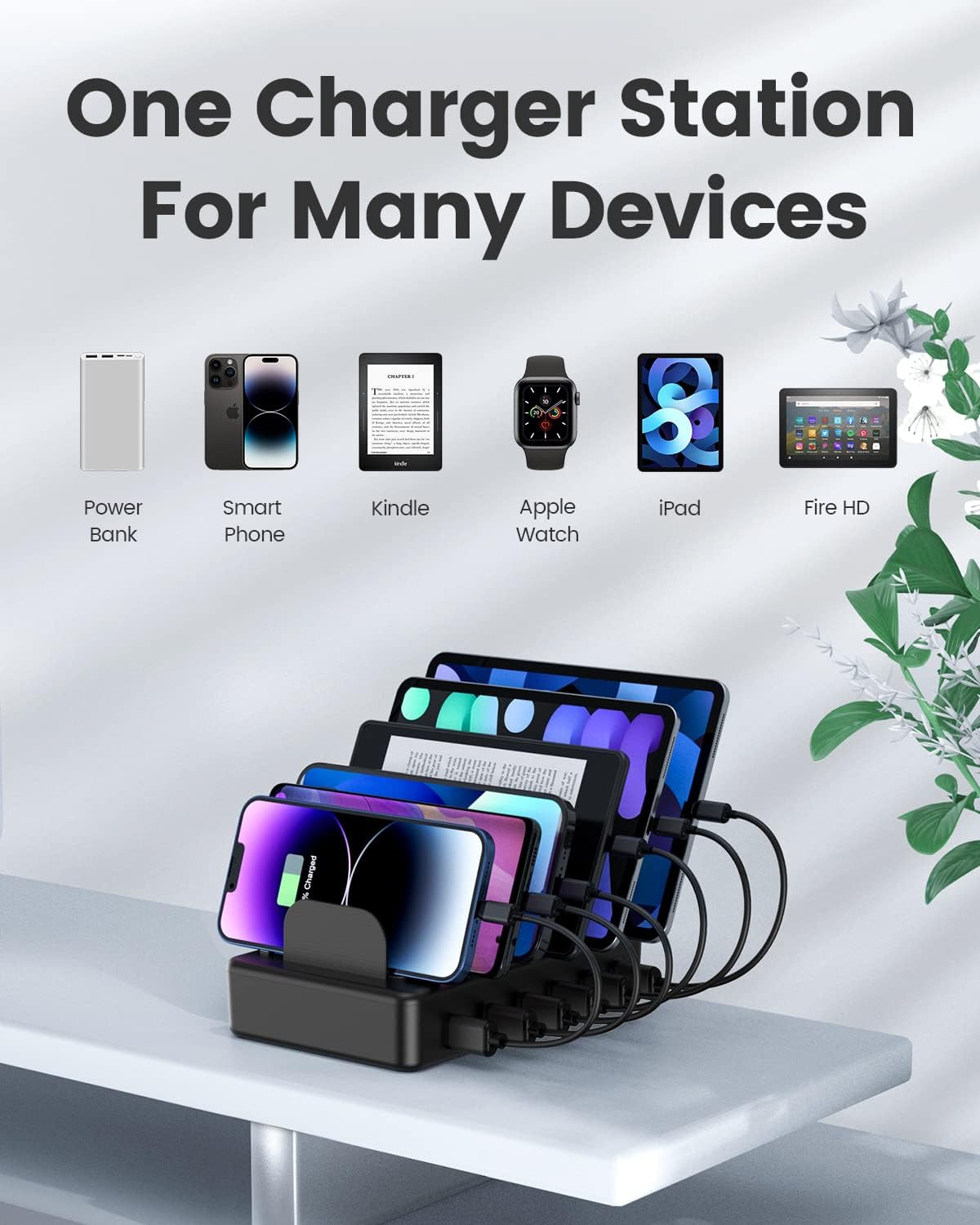 50W 6 Ports Multi Charger Station, USB Charging Dock for Multiple Devices | with 6 Cables, 1 USB-A to USB-C Adapter Converter, Compatible with Cellphone iPad Kindle Tablet and Other Electronic Devices