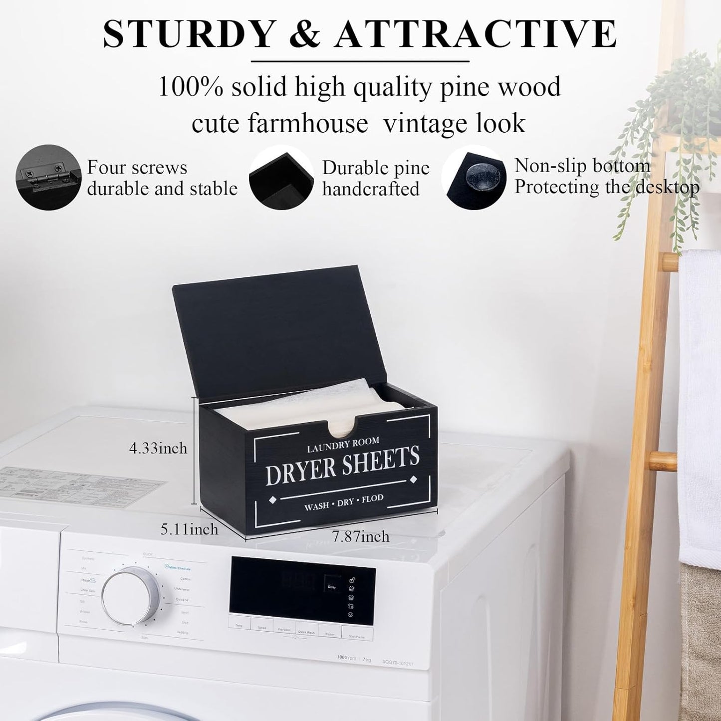 HouseJoy Dryer Sheet Holder-Black Dryer Sheet Container with Lid,Wooden Laundry Room Organization and Storage,Rustic Farmhouse Dryer Sheet Dispenser for Laundry Room Decor,Fabric Softener Containers