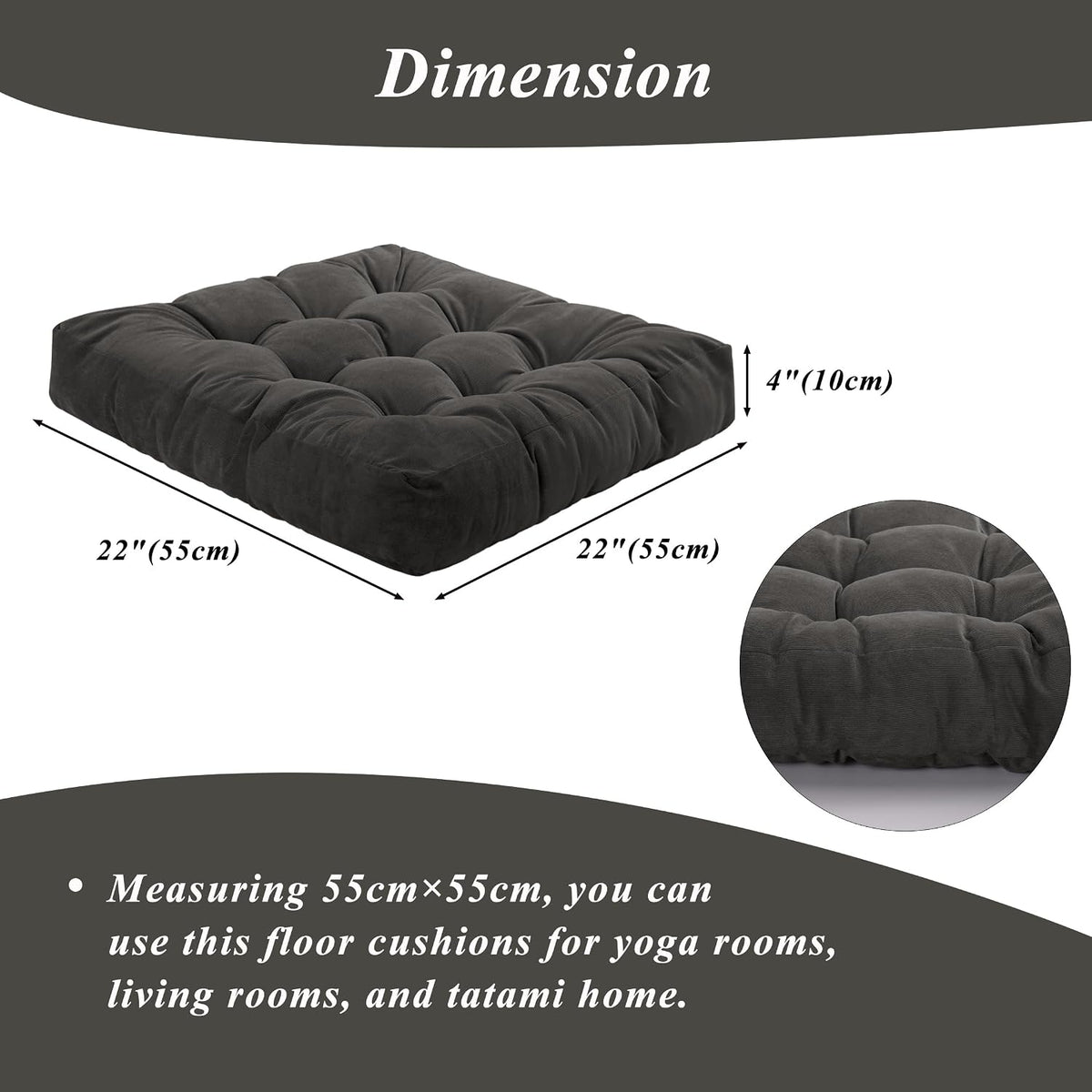 Meditation Floor Pillow 22×22 Inch 2 Pack Large Floor Cushions for Adults Square Tufted Corduroy Floor Pillows for Yoga Living Tatami Room Dark Grey