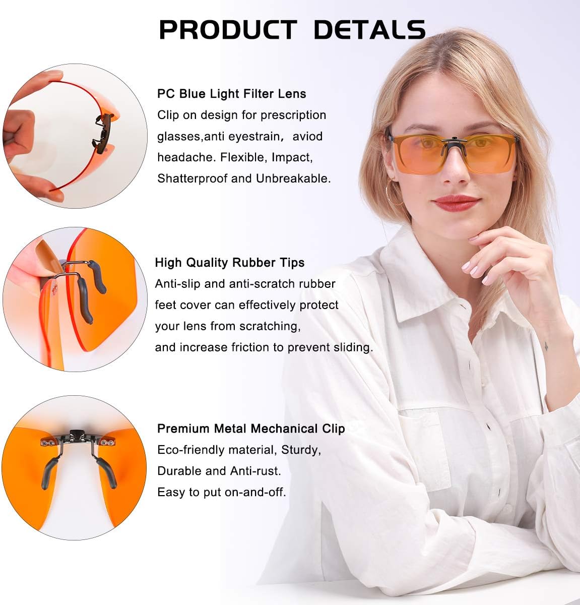 FONHCOO Clip-on Blue Light Blocking Glasses Womens Mens 2 Pack over Prescription Glasses Framless Lens Computer Gamer Eyeglasses