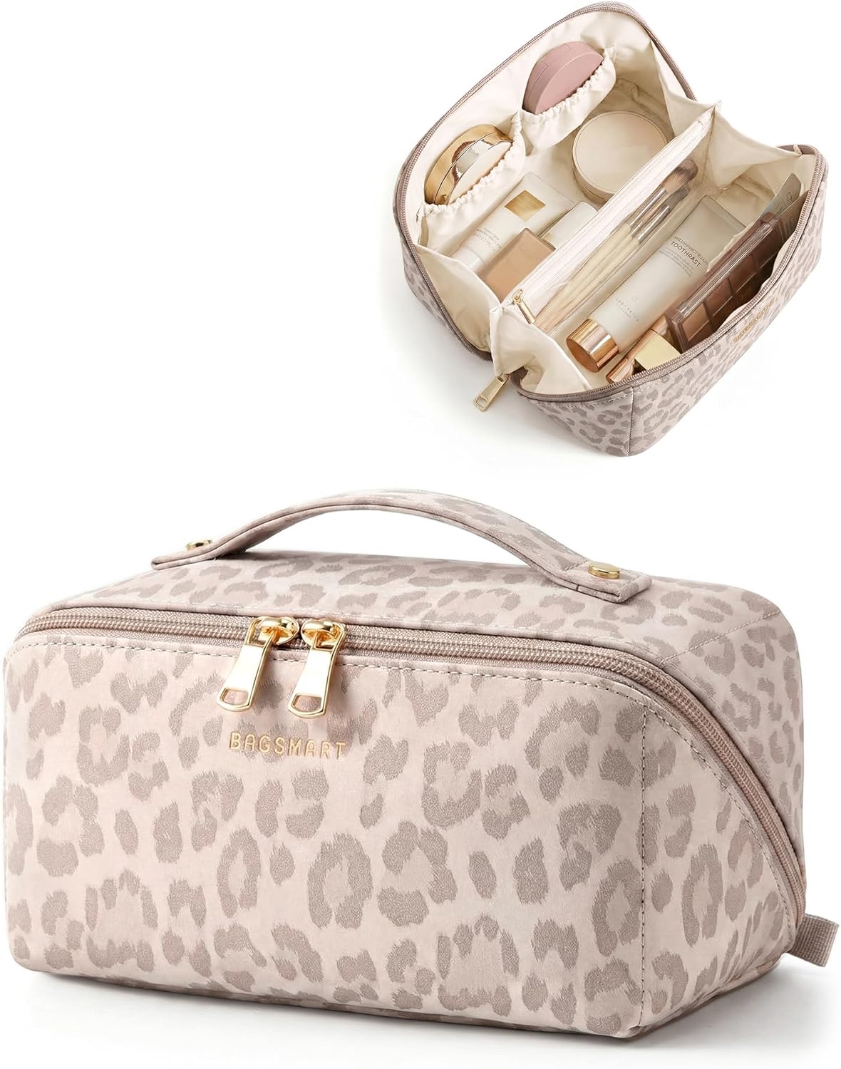 BAGSMART Makeup Bag Travel Cosmetic Bag, Large Make Up Bag Flat Open Toiletry Bag for Women, PU Leather Travel Essentials Organizer Case, Wide-open Pouch Purse for Skincare, Brushes, Pink Leopard