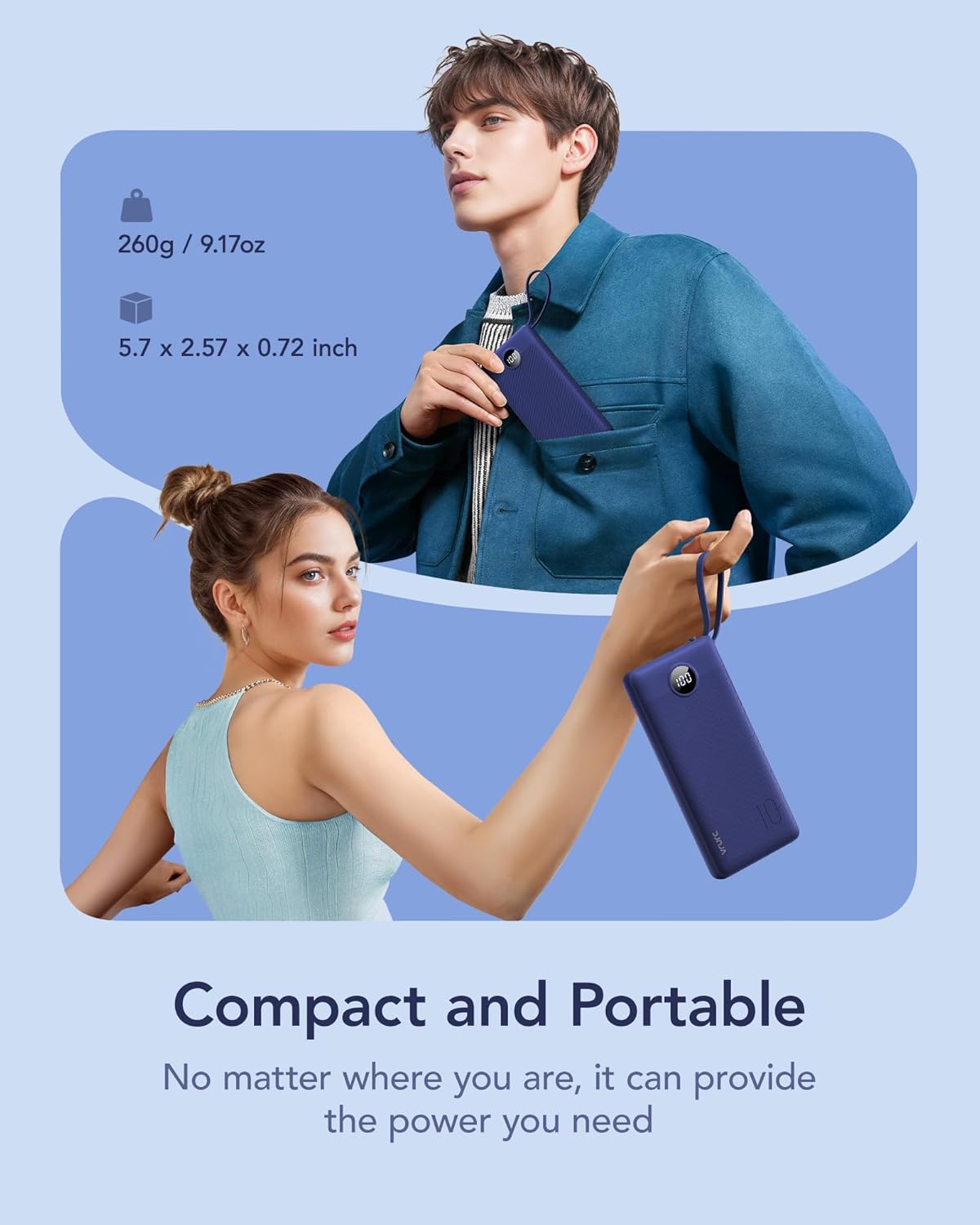 VRURC Portable Charger, Built in 4 Cables & Lanyard Power Bank 10000mAh, Compact USB C Phone Charging Bank 5 Outputs for Multi Devices,Travel Essential for Hiking Camping Business-Navy(1 Pack)
