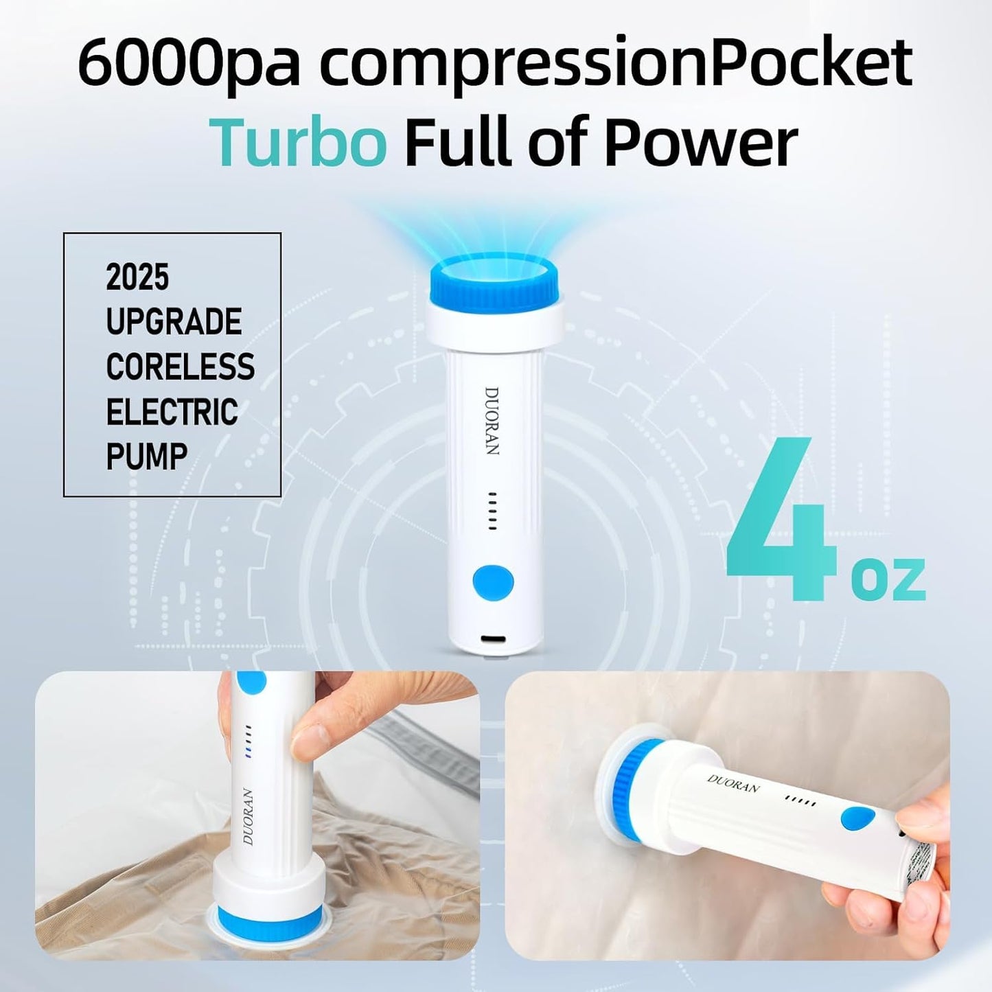 Cordless Electric Vacuum Pump for Vacuum Storage Bags Travel Air Pump, Portable USB Rechargeable Seal & Compression Bag Pump for Clothes, Blankets & Bedding (Storage Bags Not Included)