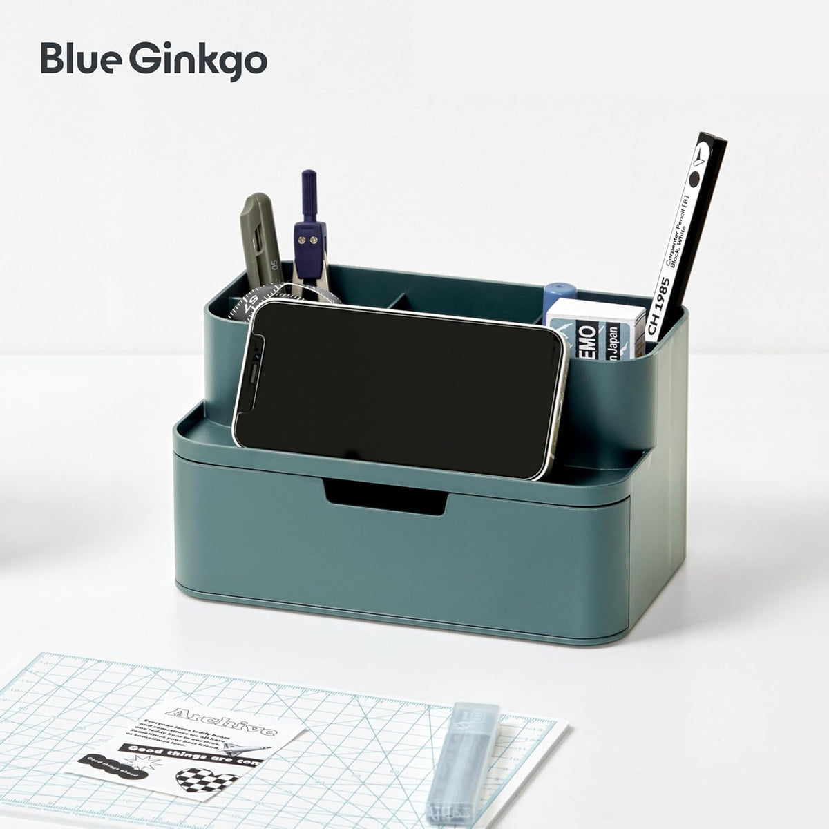 BLUE GINKGO Compact Desk Organizer, Green, Made in Korea