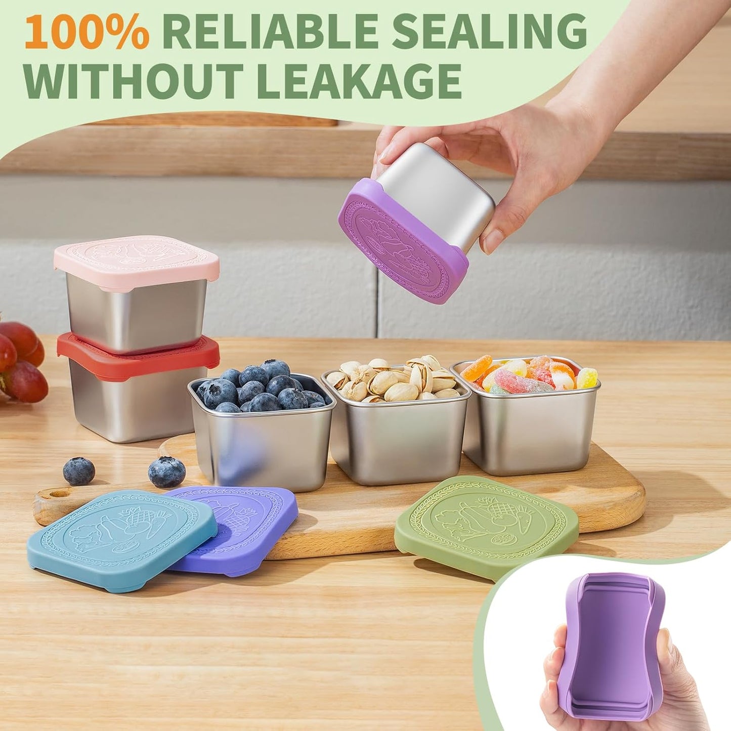 SANEXC 6 Oz Stainless Steel Snack Containers for Kids - 6 Pack Metal Food Containers with Lids Silicone Easy Open 100% Leak Proof BPA Free Reusable Baby Lunch Box for Daycare Travel and Office