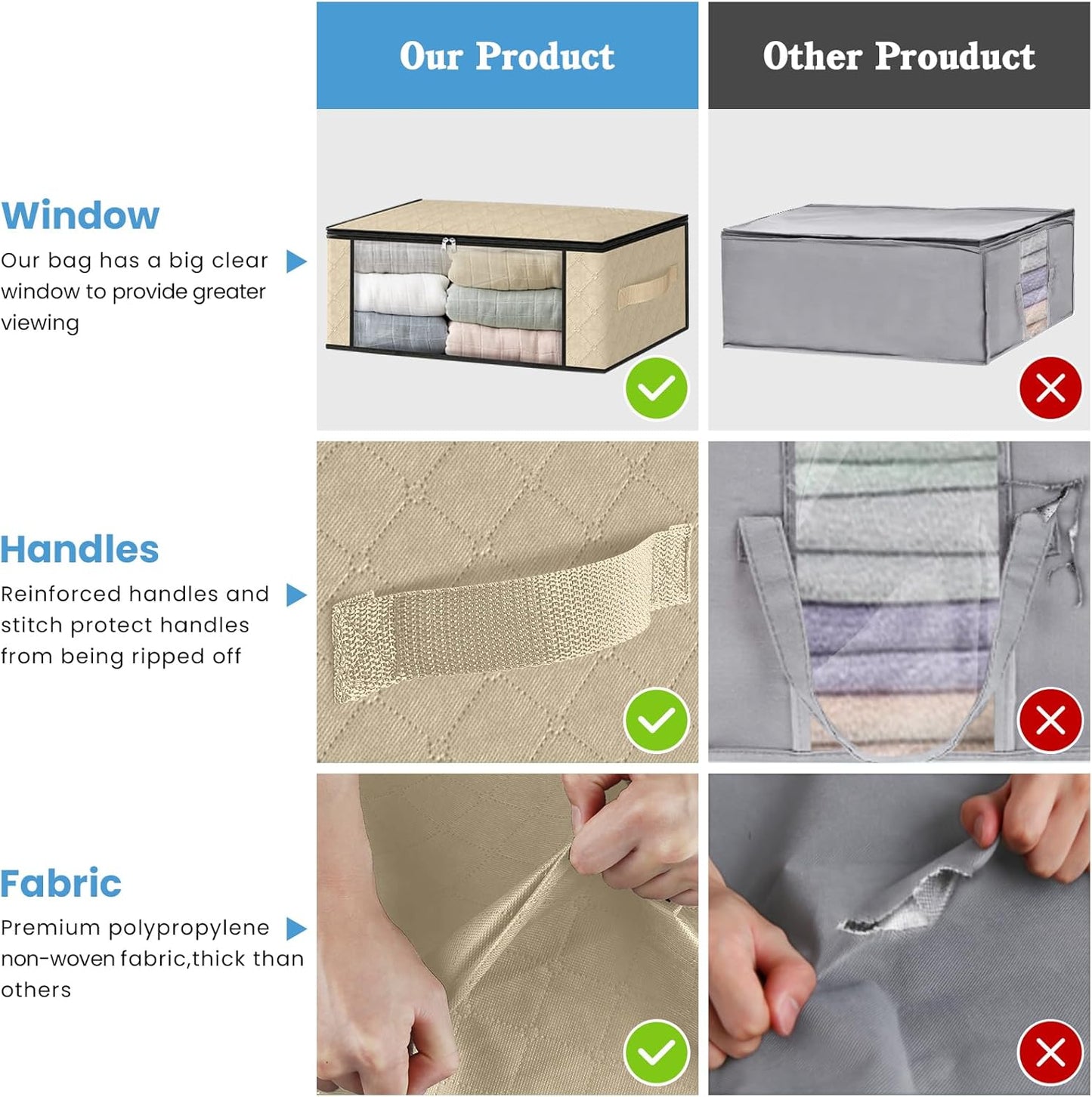 HomeHacks Storage 3-Pack Clothes Organizer Storage Bags Foldable Storage Box with Large Clear Window Sturdy Handles for Closet, Dorm, Pillows, Bedding, Clothes, Blankets, 35L, Beige