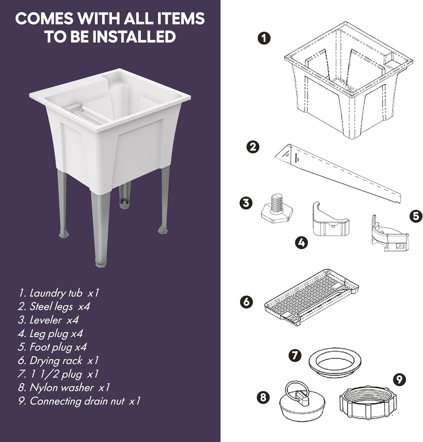 Standing Utility Sink with Steel Legs – 24” Space Saver Utility Sinks for Laundry Room, Garage, Garden, Basement – Noah William Home Indoor and Outdoor Basement Wash Tub (WHITE)