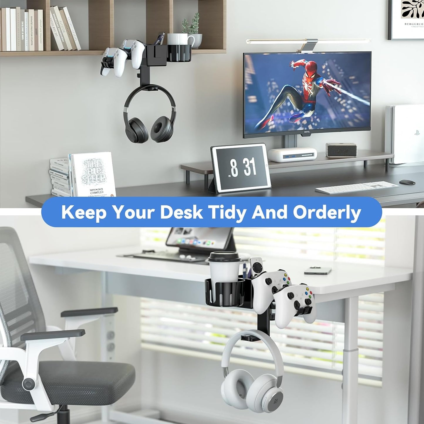 KDD 5 in 1 Desk Controller Holder - Rotating Headphone Hanger with Cup Holder - Clamp On Desk Organizer Holds Controller, Headphone, Cup, Mobile Phone and Pen(Black)