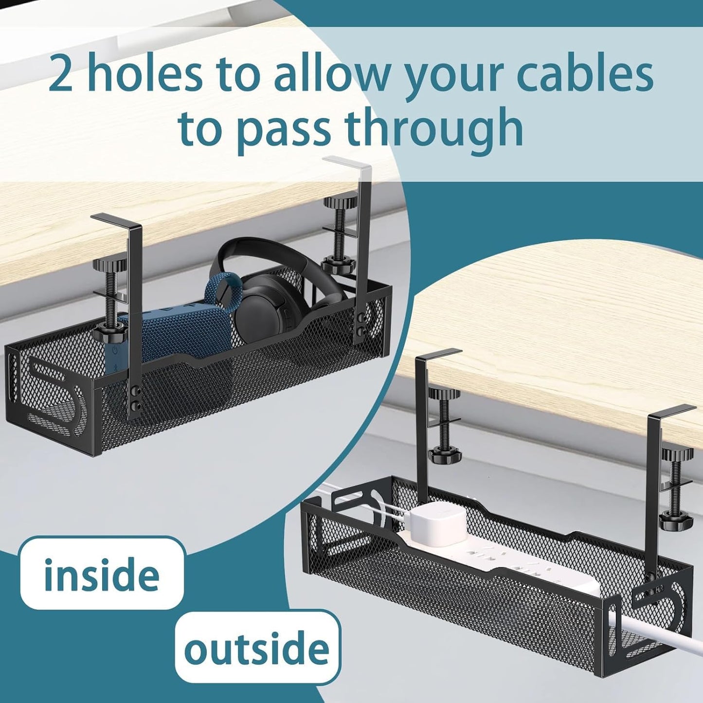 Under Desk Cable Management Tray, No Drill Mesh Cable Tray Cord Organizer | Wire Management Tray Cable Management Rack, Cable Management Box (Black)