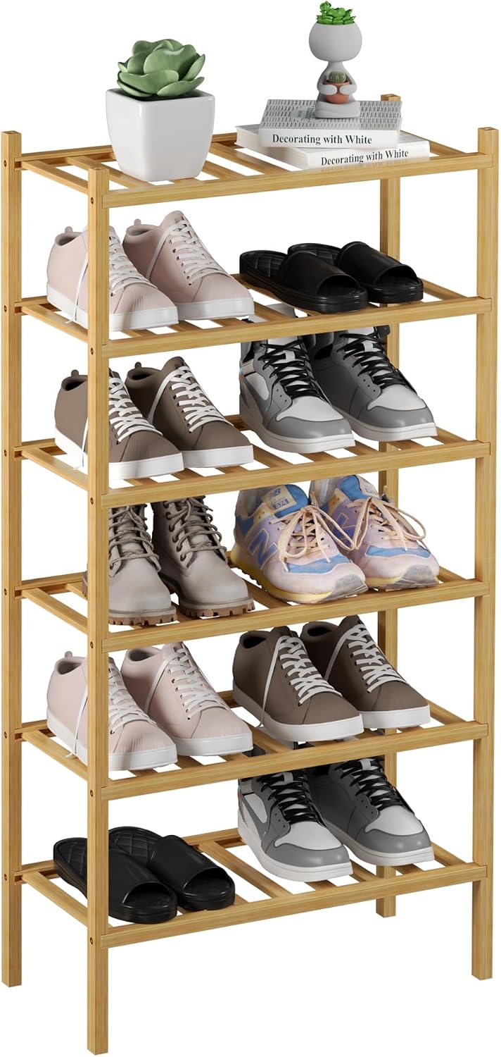 ROMGUAR CRAFT 4 Tier Bamboo Shoe Rack for Closet Free Standing Wood Shoe Shelf for Entryway Small Space Stackable 27"x11"x26" (White)