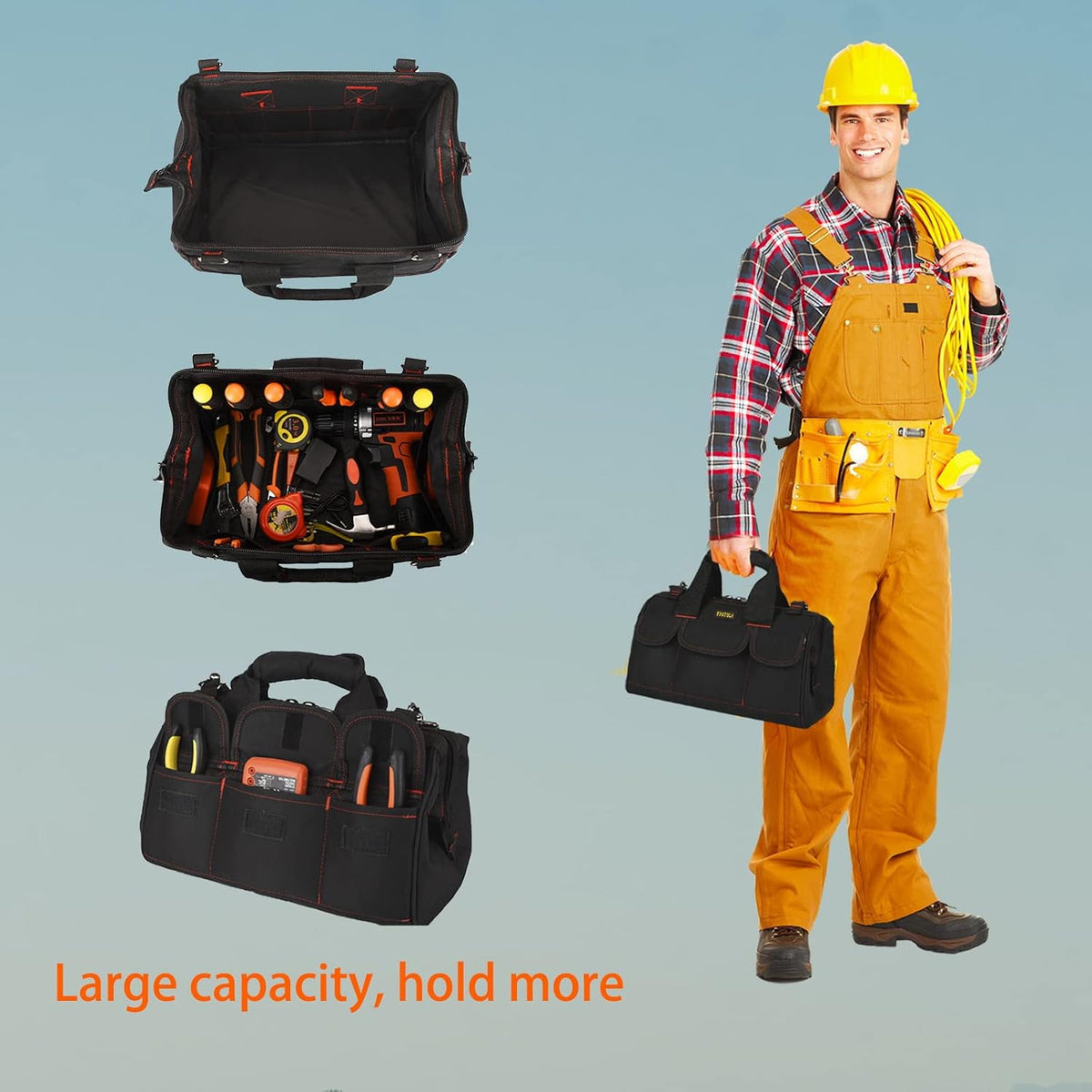 FASTECH 17-inch Heavy Duty Tote Bag With Wide Mouth For Tool Storage, Carrier and Organizer,Tools Bag for Men, Wide Mouth Tool Bag With Inside Pockets (17 Inch)