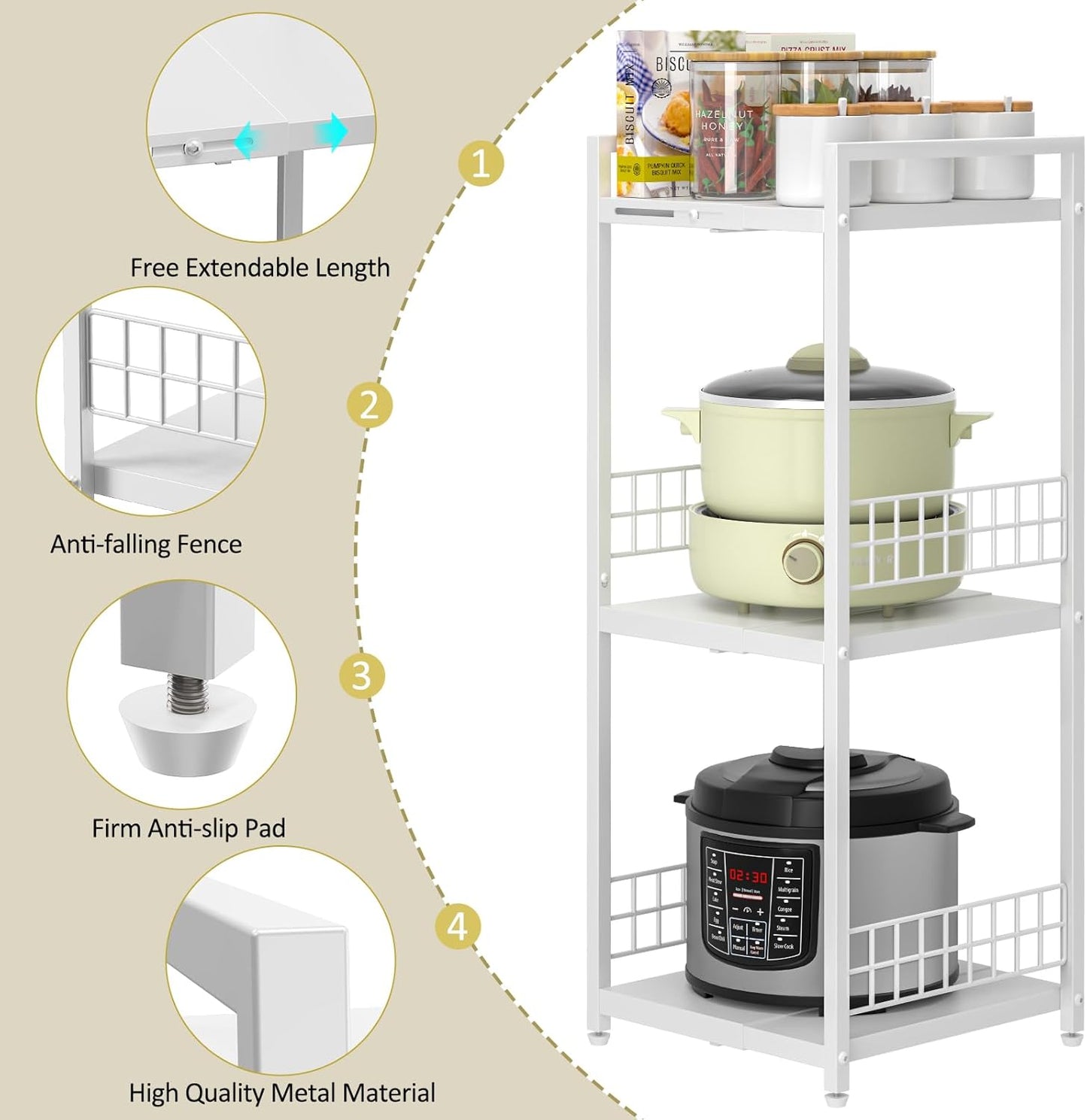 DAOUTIME Expandable Slim Storage Shelf, 3 Tier Metal Shelving Unit for Bathroom Storage Organizer, Free-Standing Narrow Shelf, Open Floor Shelves for Small Spaces,Laundry,Bathroom,Kitchen, White