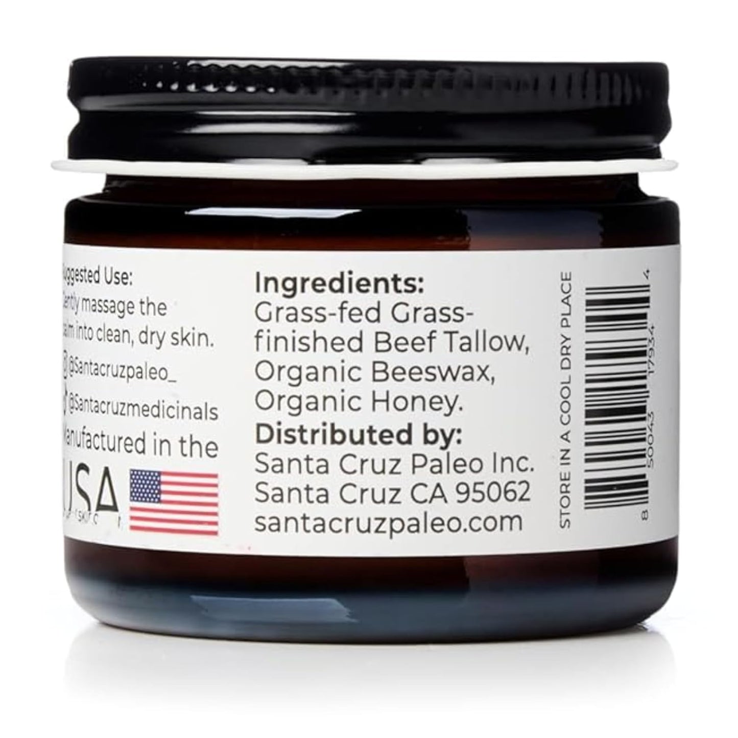Santa Cruz Paleo, Beef Tallow, Beeswax & Honey Face Moisturizer, Organic, Unscented Grassfed Beef Tallow Skin Care, Sunscreen Free, Non Comedogenic Face & Body Moisturizer for Sensitive Skin, 2 Oz