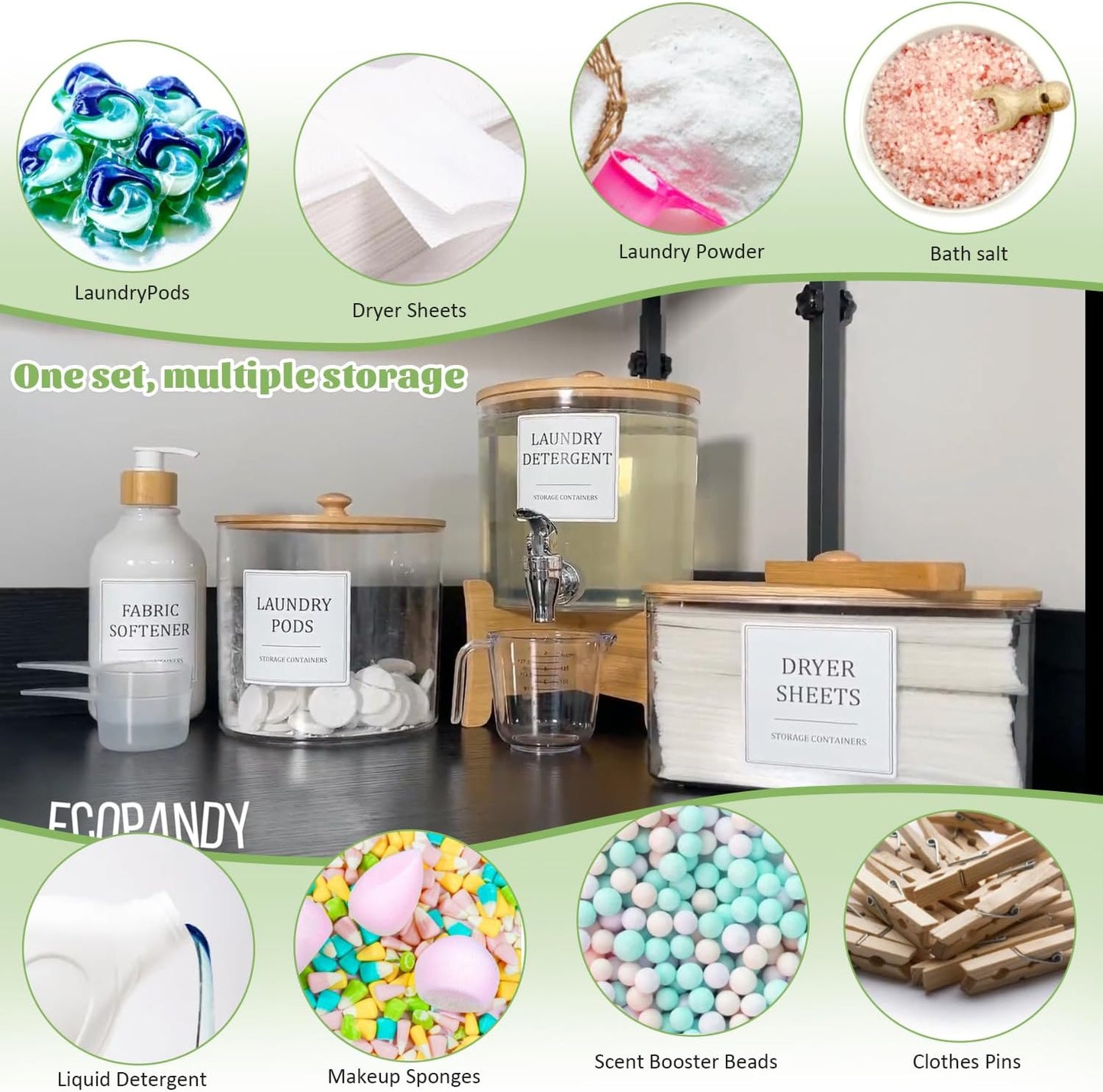 Laundry Room Organization Set 12, Laundry Pods Container & Dryer Sheet Holder with Lids & Labels, Liquid Laundry Detergent Dispenser, Fabric Softener Dispenser for Detergent Powder Dryer Balls Beads