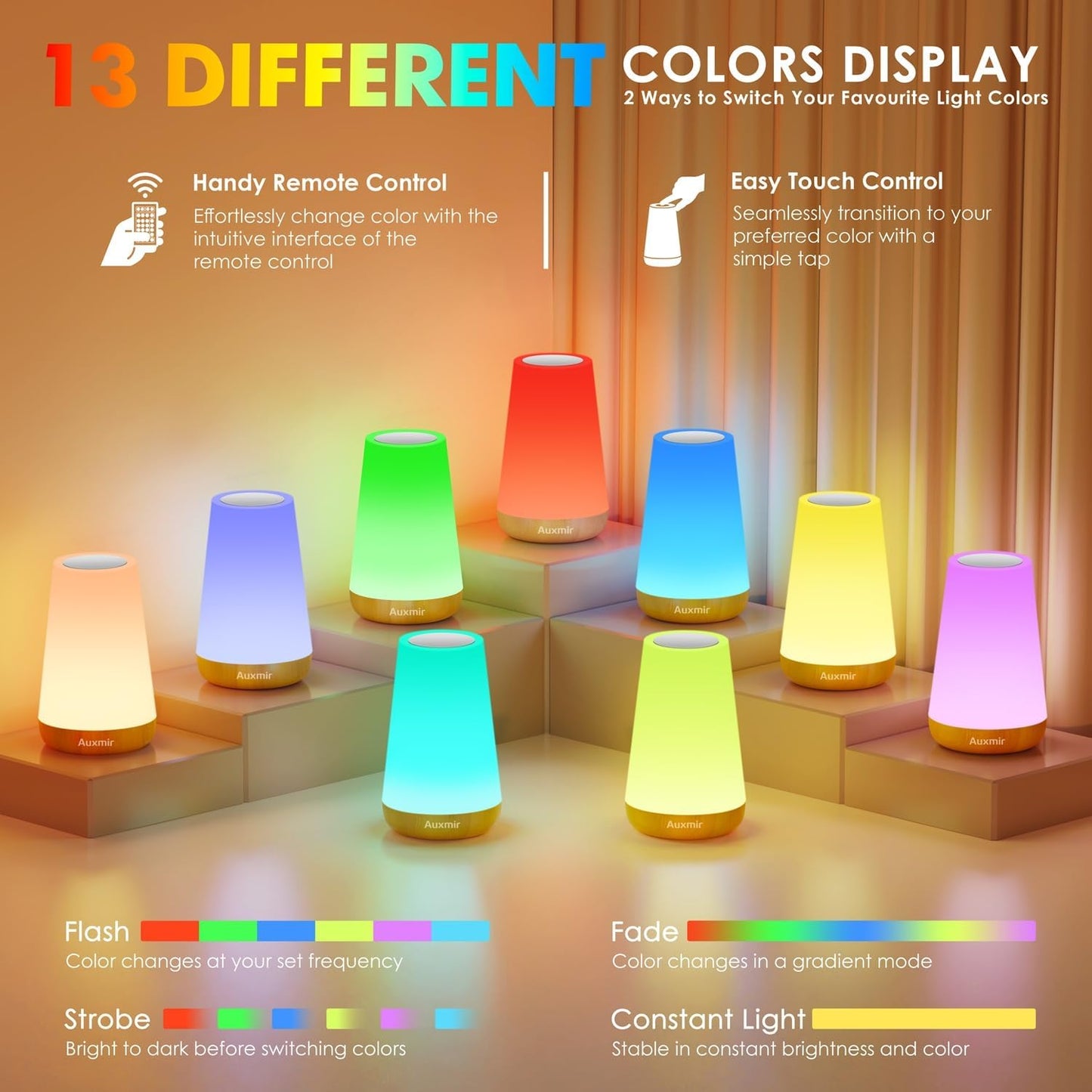 Auxmir Rechargeable LED Night Light, Touch & Remote Control Bedside Lamp with 13 Colors, 5 Brightness Levels, Portable Table Lamp for Kids Baby Nursery, Bedroom, Bathroom, Camping, Light Brown