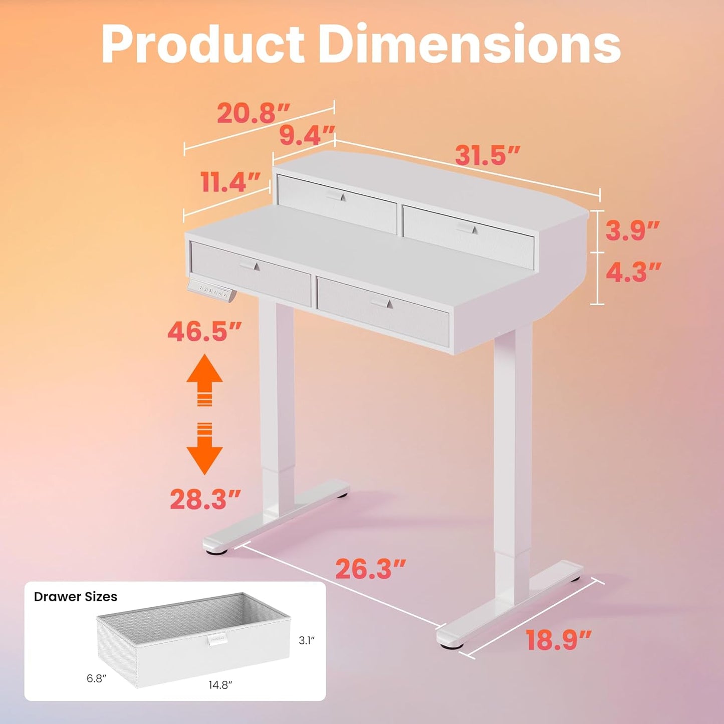 HUANUO 32 X 20 inch Electric Standing Desk with 4 Drawers, Adjustable Height Sit Stand Home Office Desk, C-Clamp Mount Compatible, Ergonomic Stand up Desk with 4 Preset Heights, White