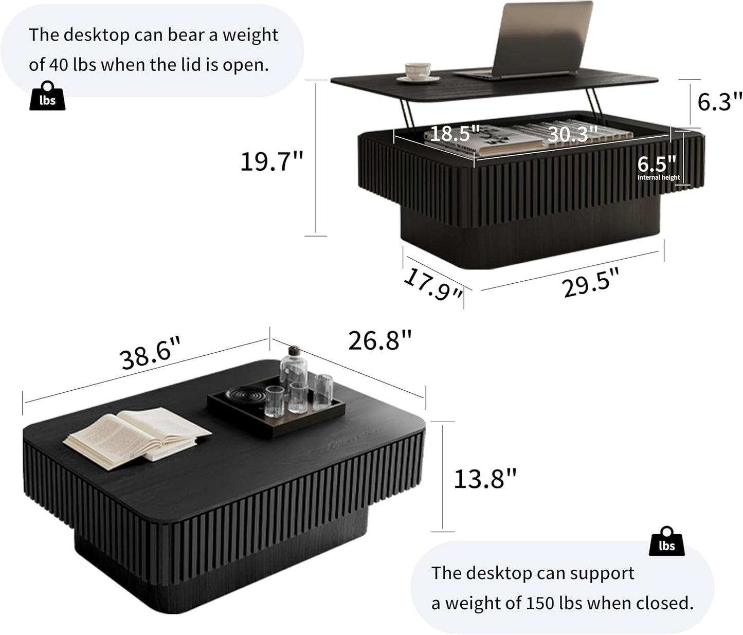 38.6'' Lift Top Coffee Table with Hidden Compartment, Modern Rectangular Fluted Wooden Center Table Cocktail Tea Table with Storage and Adjustable Height for Living Room Apartment, Black