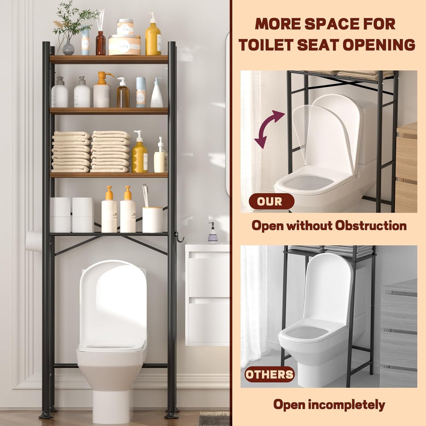 GloTika 4-Tier Over Toilet Storage with Anti-Tilt Safety System - 150lb Total Capacity Metal Bathroom Shelves Including Paper Holder & 4 Hooks, Space Saving Above Commode Organizer (69.3" H, Brown)