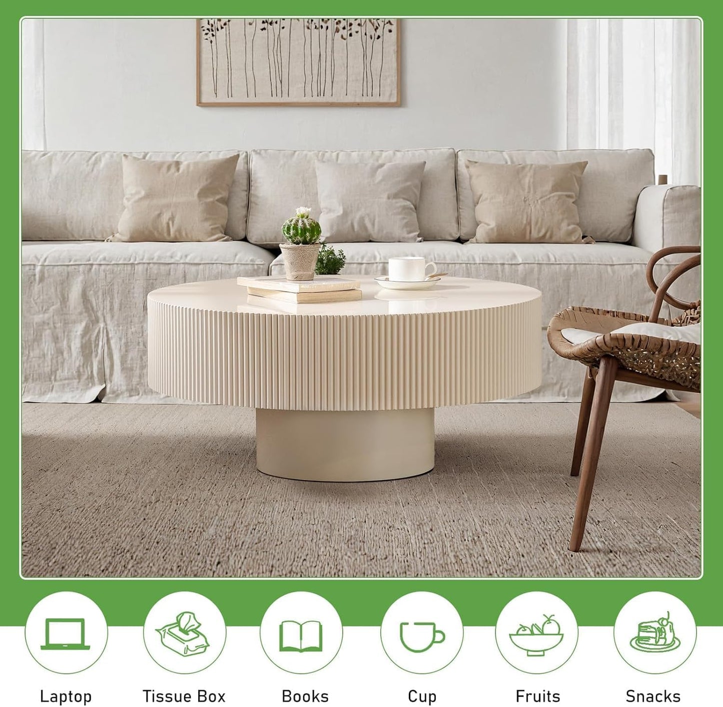 30.91'' Round Coffee Table (White Thickened) | Modern Handcraft Drum Coffee Table, Unique Fluted, Wood Center Table, For Living Room, Small Space, Farmhouse, Apartment