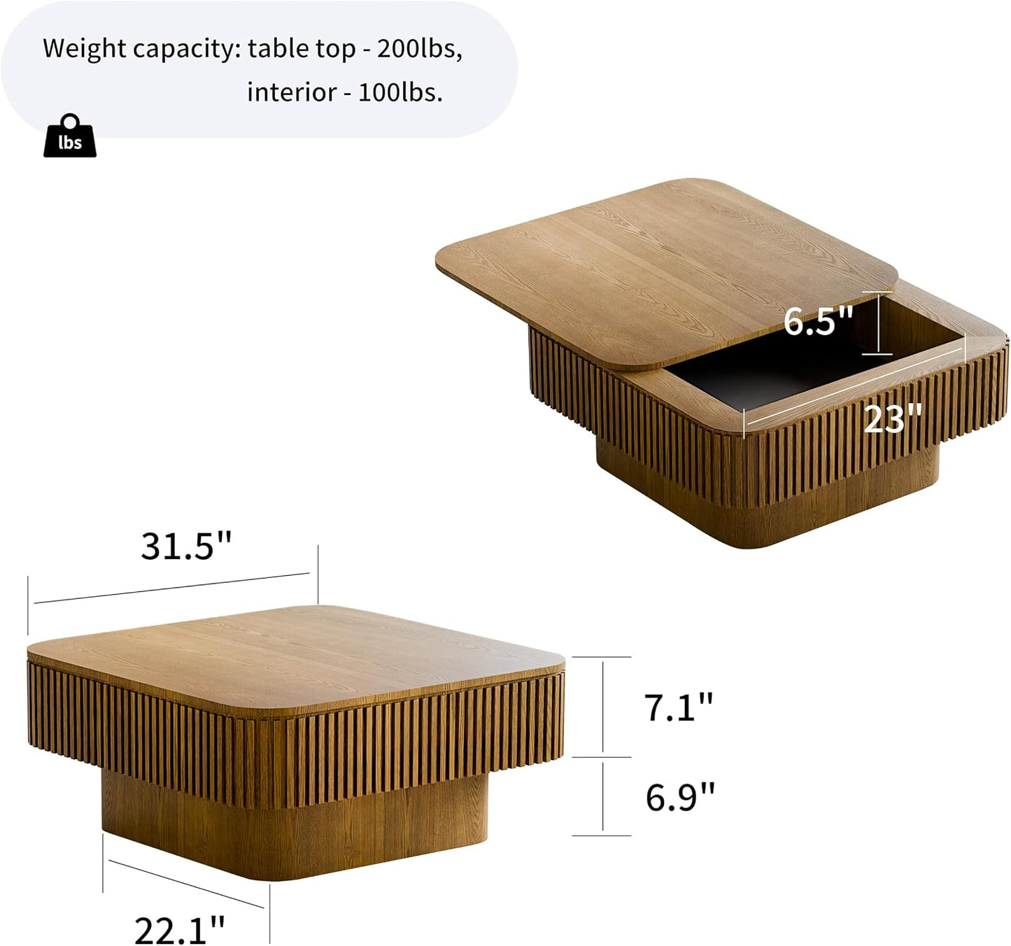 31.5" Square Coffee Table with Hidden Storage Compartment, Modern Handcraft Fluted Drum Coffee Table, Wooden Square Center Table Cocktail Tea Table with Sturdy Pedestal for Living Room, Brwon