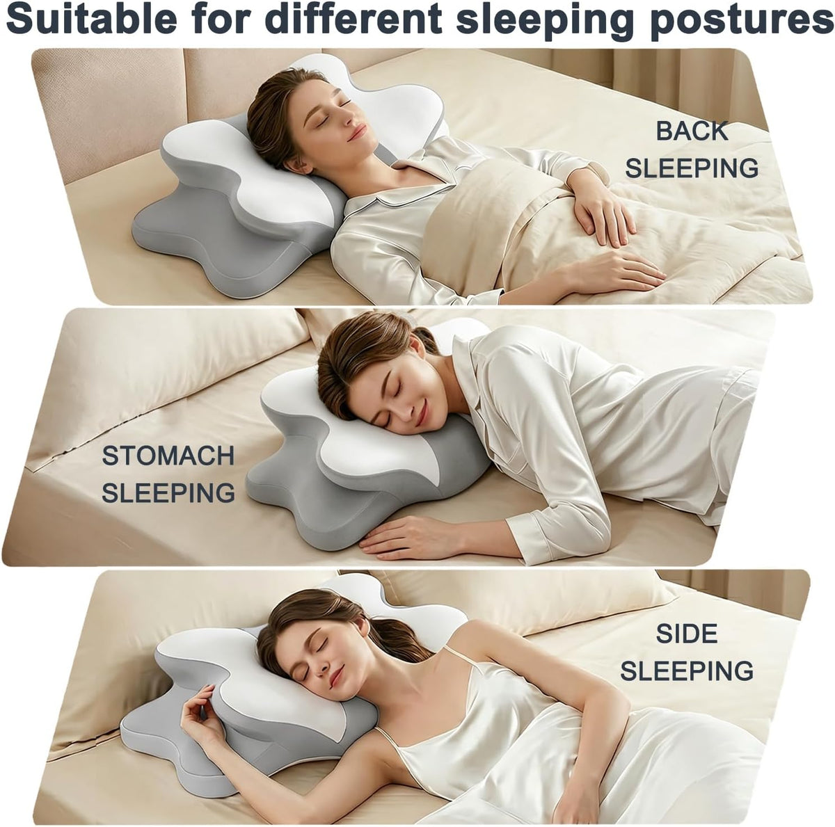 Dreams Relief Pillow,Sleep Apnea Pillow w/Neck & Snoring Relief,Orthopedic & Ergonomic Contour Cervical Memory Foam Cooling Pillow for Side Sleepers,Medium Firm Support (WhiteGrey, Queen Size)