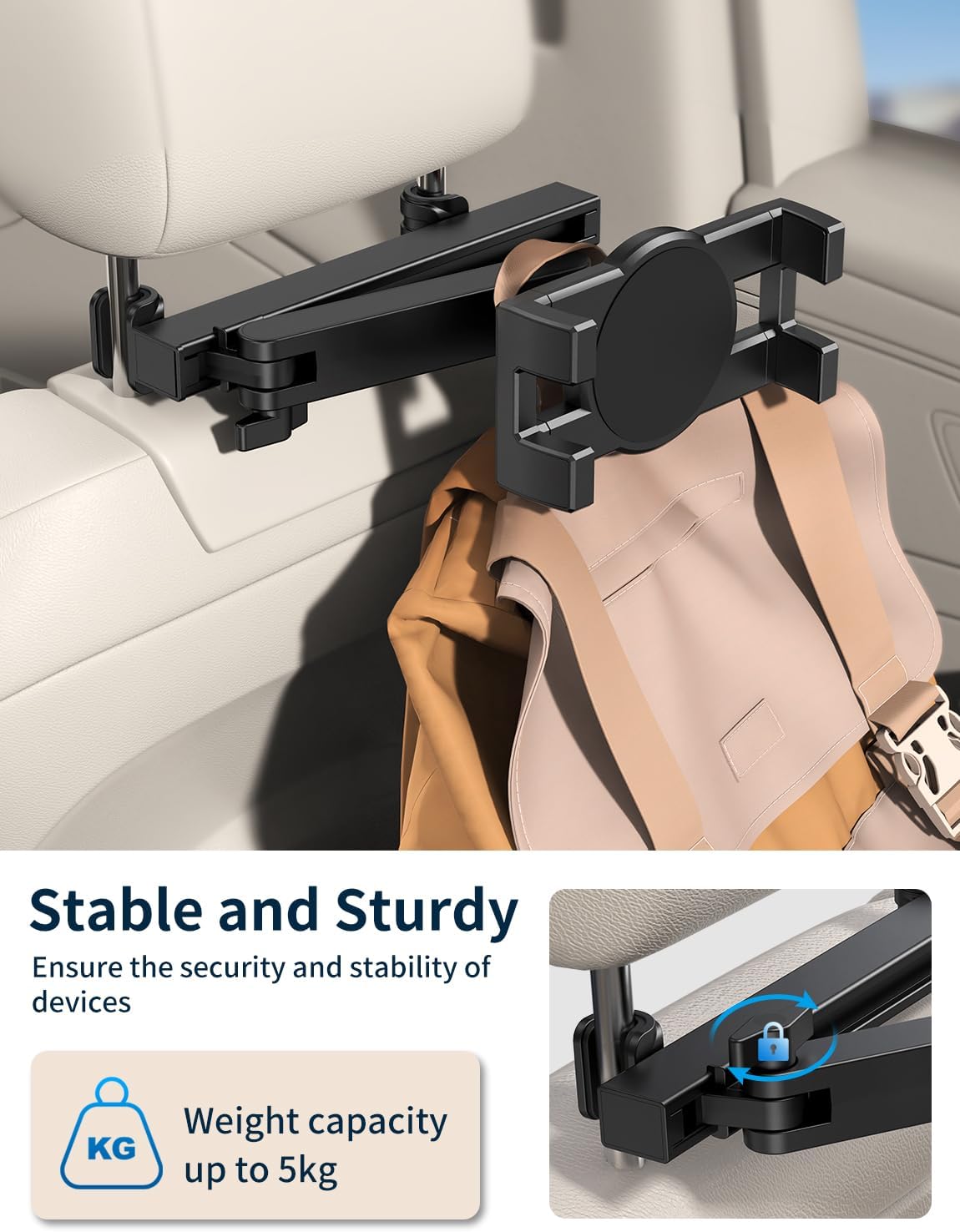 bokilino Tablet Holder for Car Headrest, [3 in 1 Adjustable Extension Arm] iPad Car Mount for Back Seat, Road Trip Essentials for Kids, for 4.7-12.9" Like iPad Pro, Air, Mini, Galaxy, Fire HD Tablet