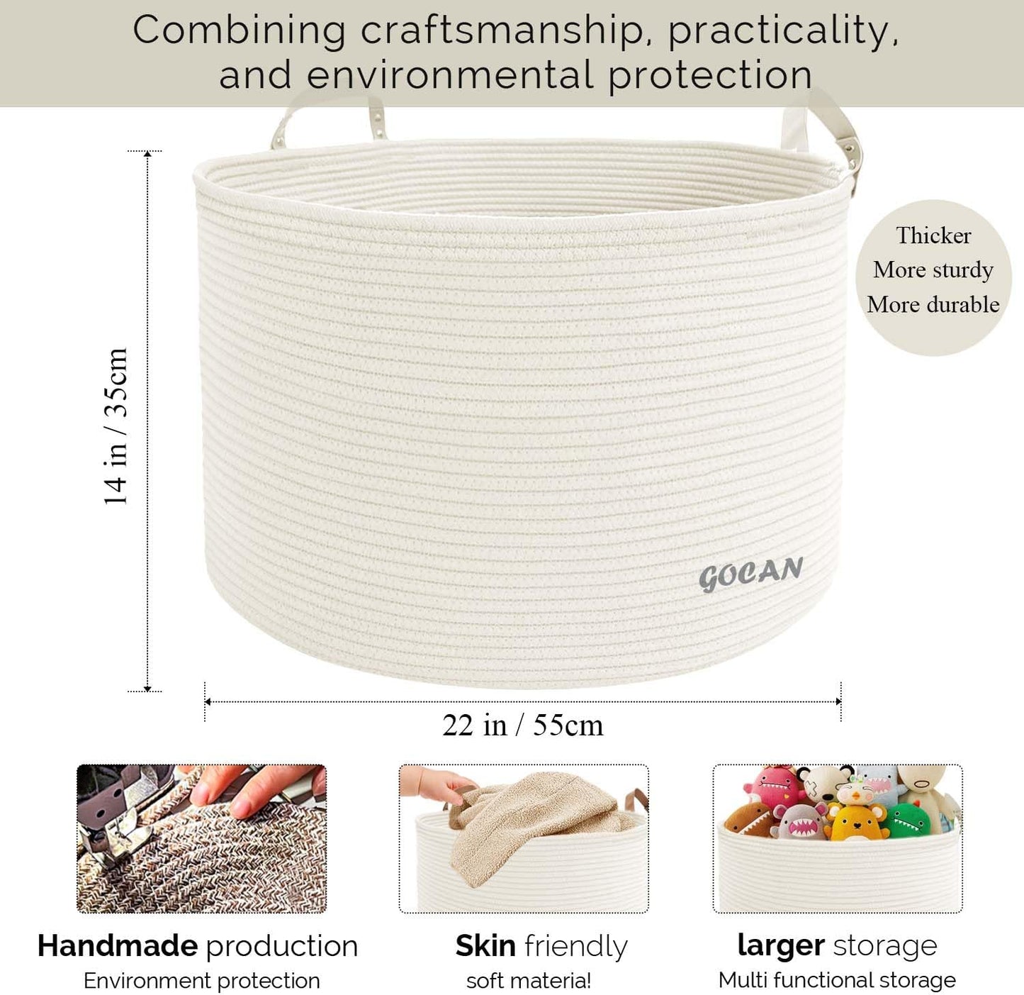 Cotton Rope Woven Laundry Basket 22"X 22"X 14" with handles（Cream）XXXL | Hand-woven, ideal for storing blankets and cushions in the living room, and clothes for household storage.