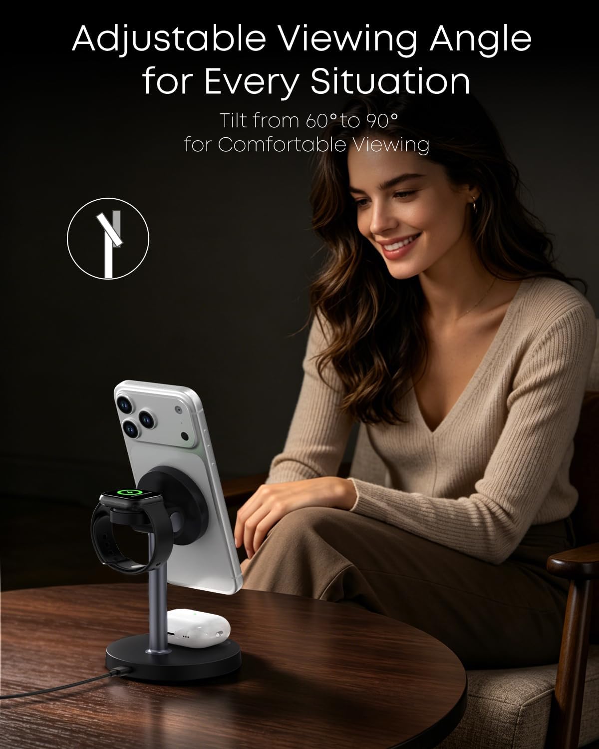 3 in 1 Magnetic Wireless Charging Station, 15W Charger for iPhone, Black | Compatible with iPhone 12-17 Series, Apple Watch & AirPods, Charges 3 Devices Together, 18W Adapter Included, 3-Year Warranty