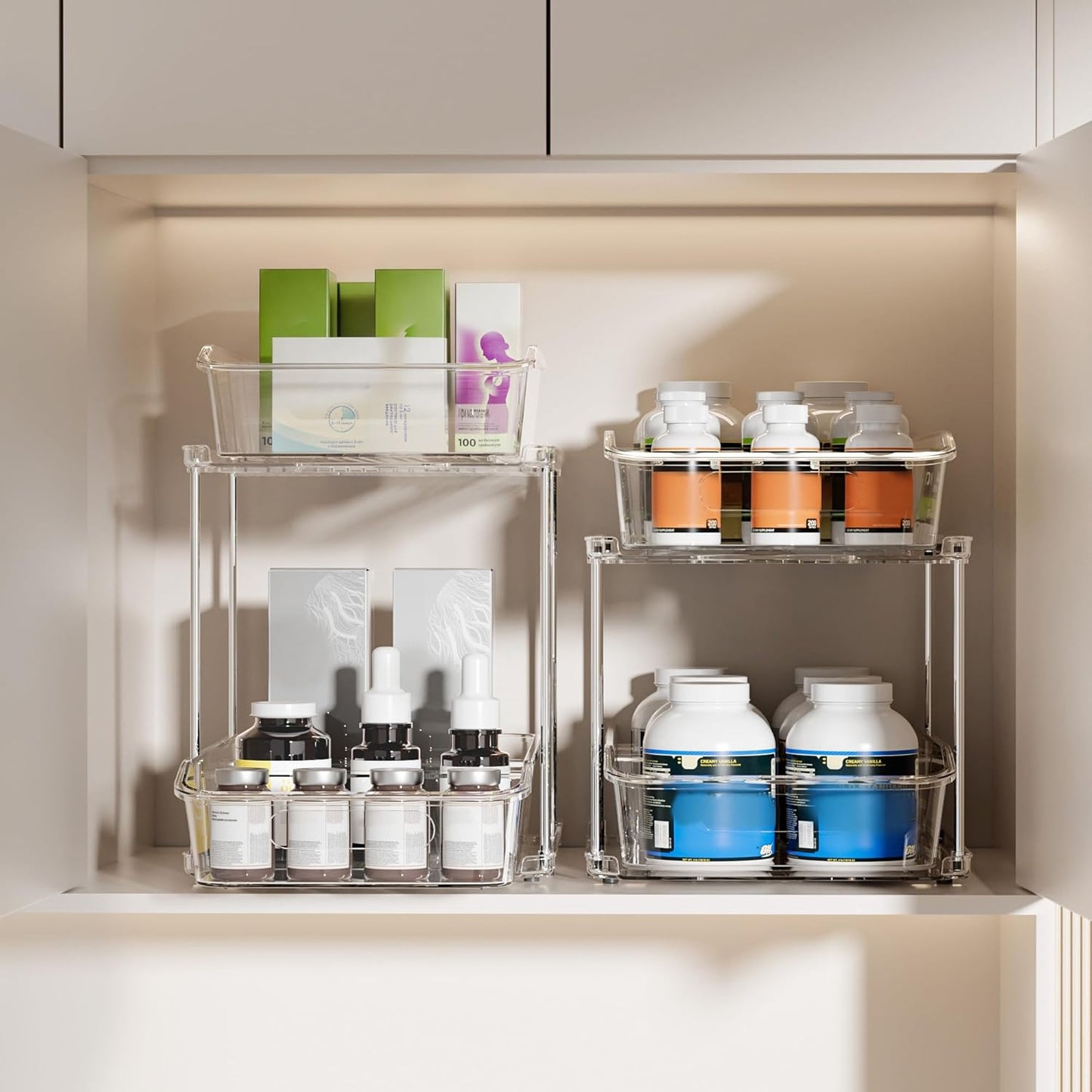 Delamu 2-Tier Under Sink Organizers and Storage, Multi-Purpose Stackable Bathroom Cabinet organizers, Pull Out Kitchen Pantry Organization and Storage with Dividers(2 Pack, Clear)
