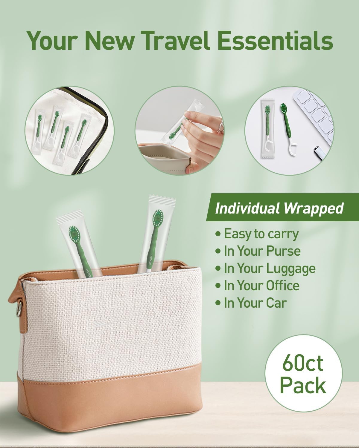Disposable Mini Travel Toothbrush Bulk with Toothpaste 5in1 60Ct Portable Toothbrushes Set Floss Pick Tongue Scraper Cruise and Travel Essentials (Green)
