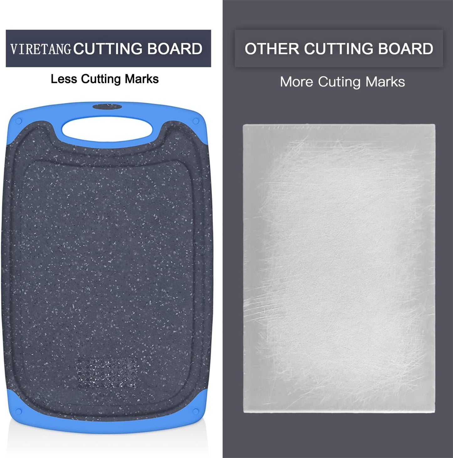 Viretang Non Slip Cutting Board, 3 Pieces Dishwasher Safe Cutting Boards with Juice Grooves, Easy Grip Handle, Non-Slip, with Grinding Area for Grinding Garlic and Ginger（blue）