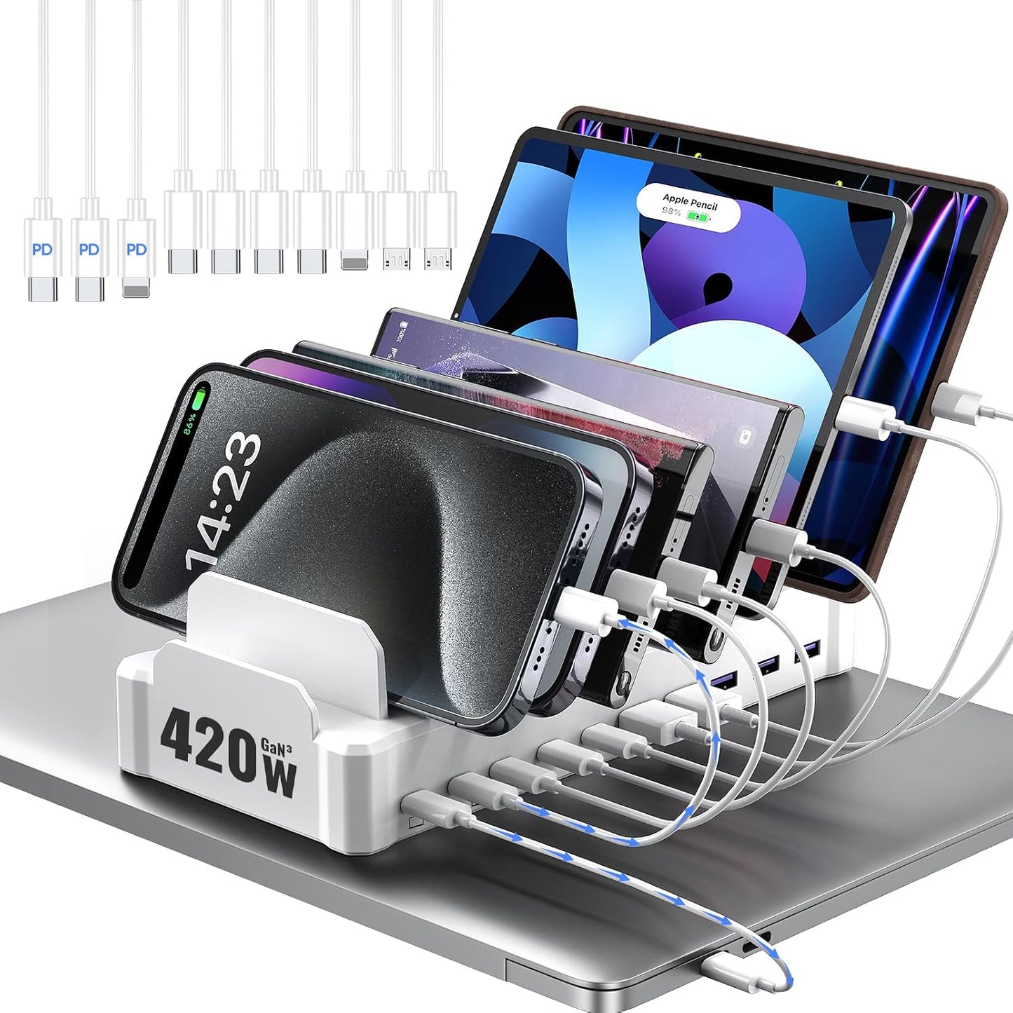 Zobirez 420W 10-Port Fast USB Charging Station for Multiple Devices, White | USB-C 1 & 2: Dual 65W Laptop Charging; 3x45W and 5x30W Ports for Phones, Tablets & Accessories; Includes 10 Cables