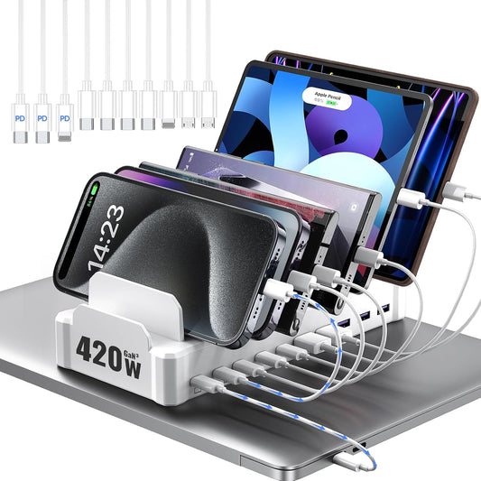 Zobirez 420W 10-Port Fast USB Charging Station for Multiple Devices, White | USB-C 1 & 2: Dual 65W Laptop Charging; 3x45W and 5x30W Ports for Phones, Tablets & Accessories; Includes 10 Cables