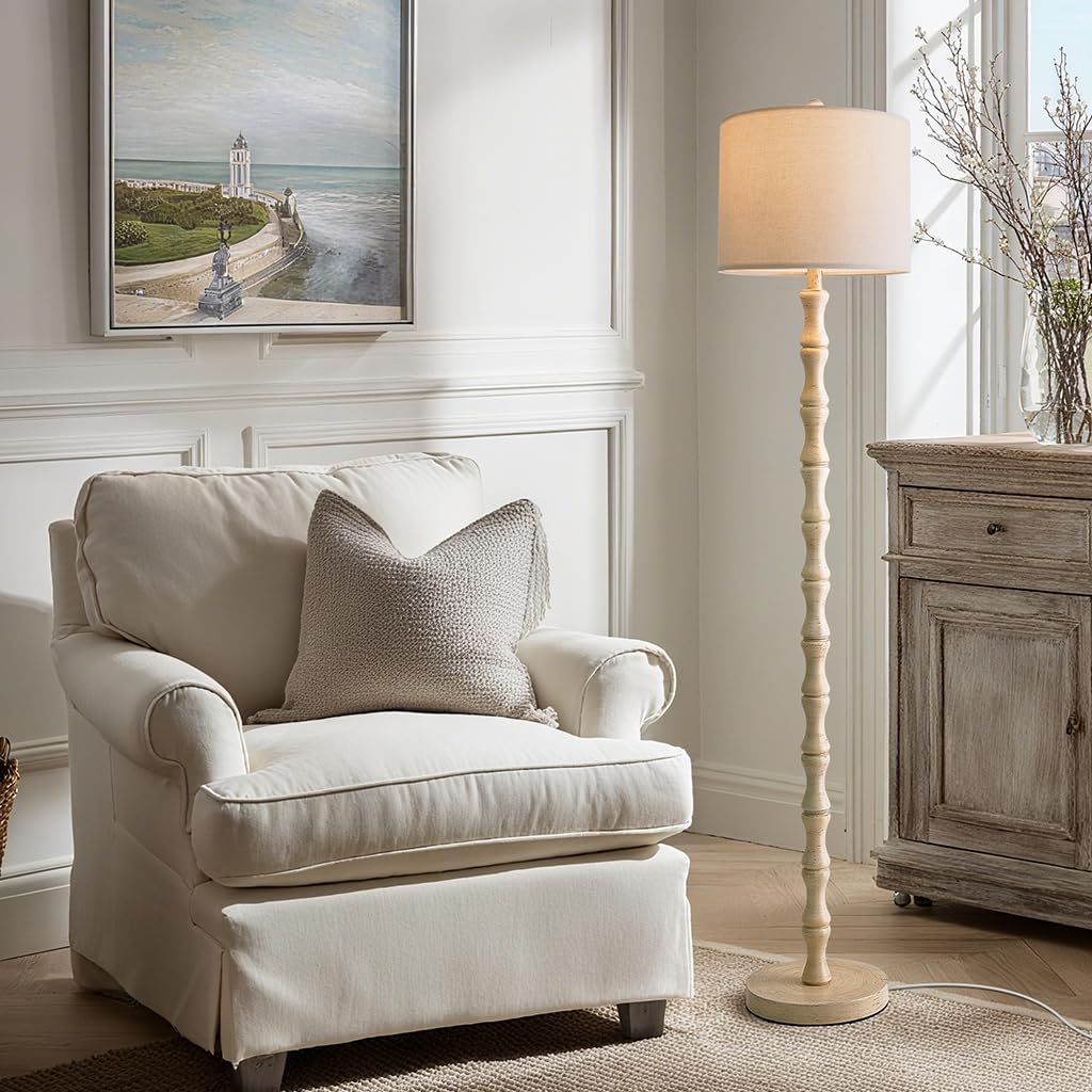 BOBOMOMO 62" Rustic Farmhouse Floor Lamp Antique White with Remote & Dimmable 9W Bulb, 3 Color Temperatures Resin Standing Lamp, Retro Tall Lamp for Living Room, Bedroom, Nursery, Office, Reading Nook