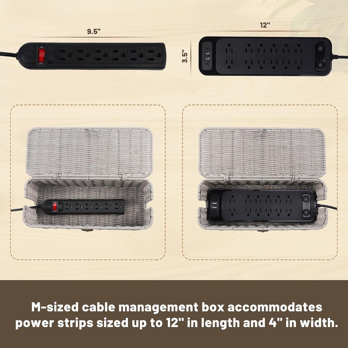 Cable Management Box, Cord Organizer with Lid & Cable Ties - Gray, M | Handmade Open Slots Cord Hider Outlet Covers for Power Strip TV PC Router Charger Under Desk Storage