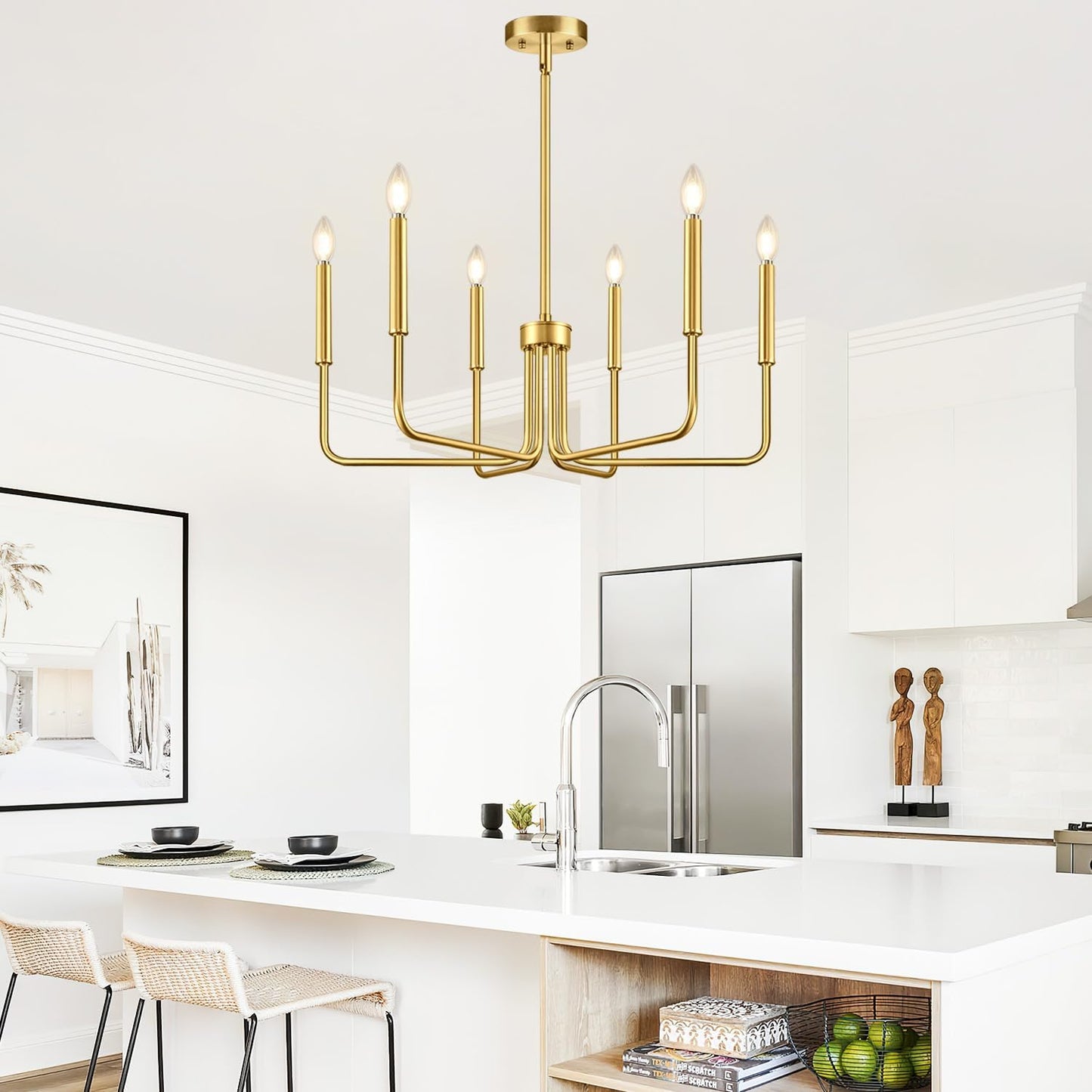 Brass Gold Chandelier, 6-Light Chandelier Light Fixture Farmhouse Chandeliers for Dining Room, Vintage Candle Pendant Light Fixtures Chandelier for Bedroom, Kitchen, Foyer, Entryway and Living Room