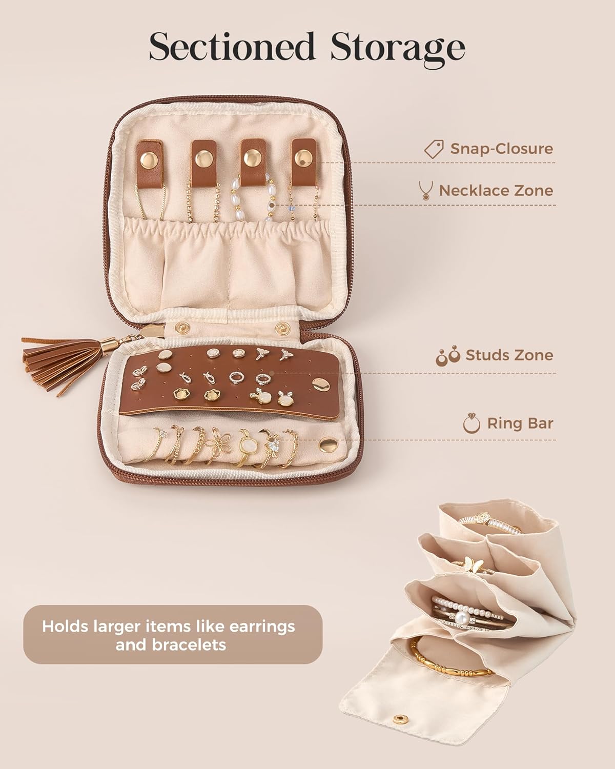 Lolalet Travel Jewelry Case Organizer, Small Jewellery Pouch with Compartments for Storage, Soft Velvet Bag for Traveling Women, Full-Zip Packing for Necklaces, Earrings, Bracelets -Brown