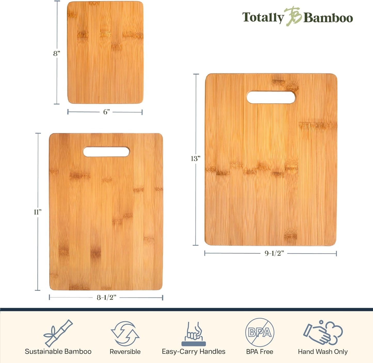 Totally Bamboo 3-Piece Bamboo Cutting Board Set, Wood Cutting Boards for Kitchen, Reversible Chopping Boards in Small, Medium, and Large Sizes
