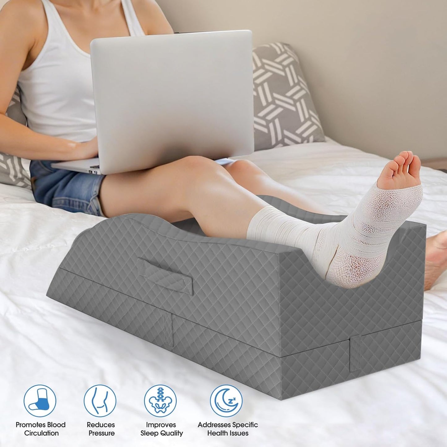 TranquilRelax Elevation Pillows for Leg After Surgery, Memory Foam Adjustable Wedge Pillow for Injury or Rest, Ankle Pillow for Sleeping Blood Circulation, Full Grey/Single Leg