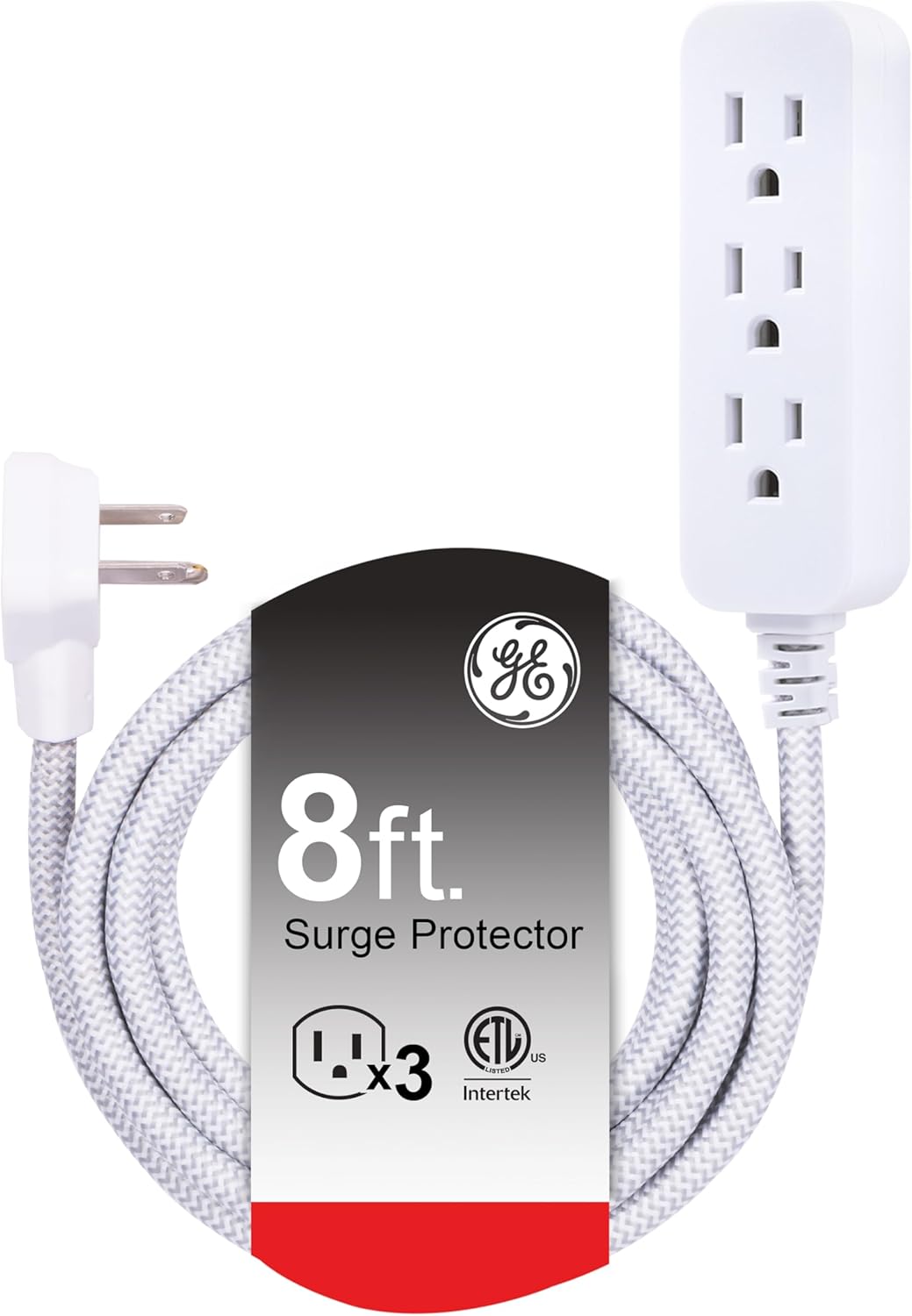 GE 3-Outlet Power Strip 8 Ft Braided Extension Cord with Multiple Outlets Grounded Flat Plug ETL Listed White 38433
