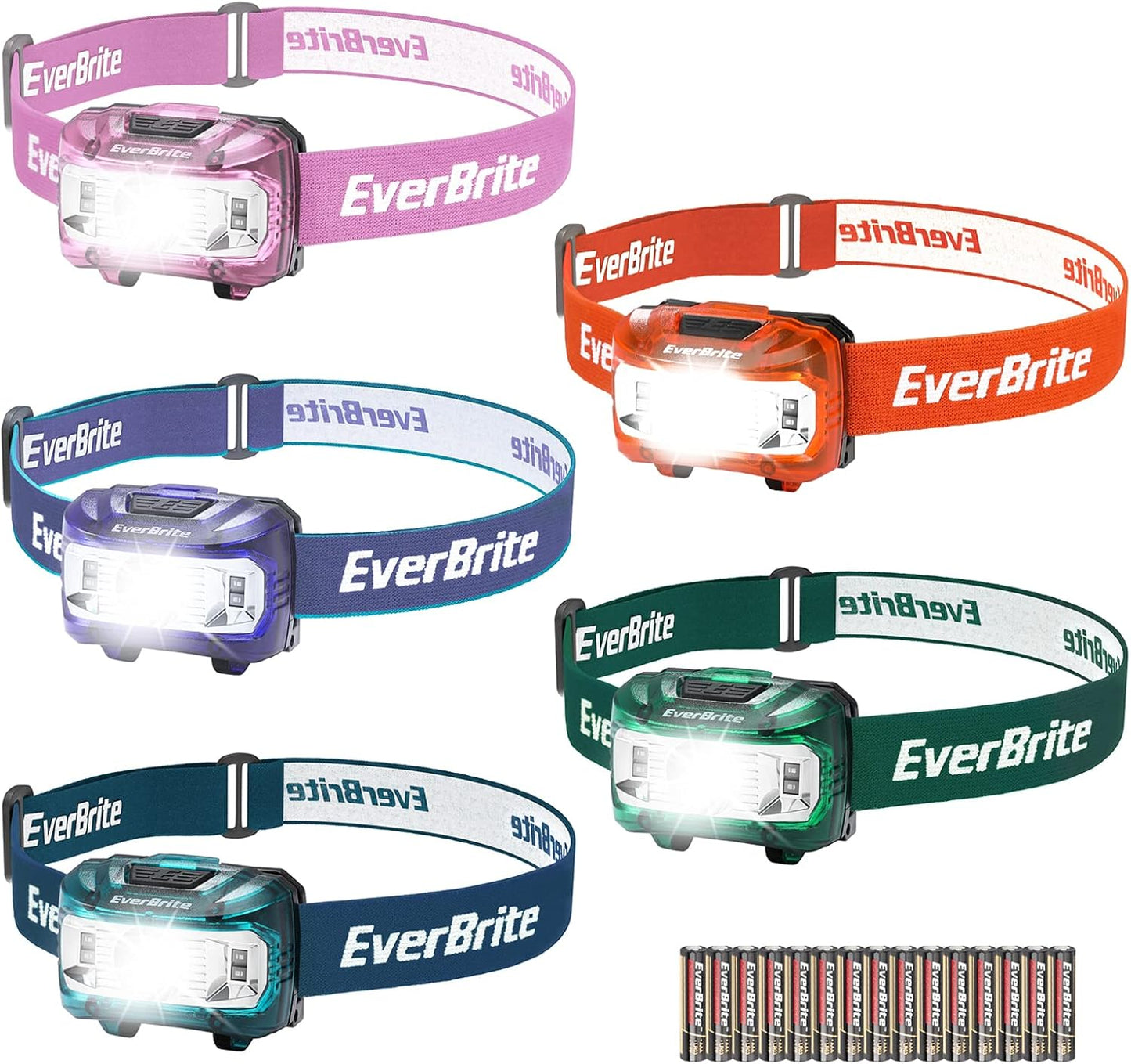 EverBrite Headlamp, 5 Pack Kids Headlamp with Red Light and Memory Function, Head Lamp for Adults and Kids with 5 Modes, Bright Headlamps for Camping, Running, Children's Day Gifts, Batteries Included