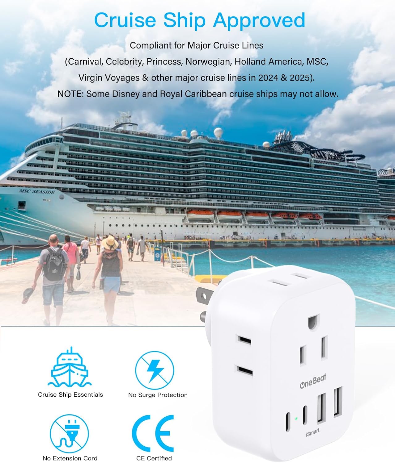 Travel Cruise Ship Essentials, Multi Plug Wall Outlet Extender with 4 Outlets 4 USB (2 USB-C), Cruise Approved Power Strip Non Surge Protector, Plug Adapter, Travel Cruise Must Have Accessories