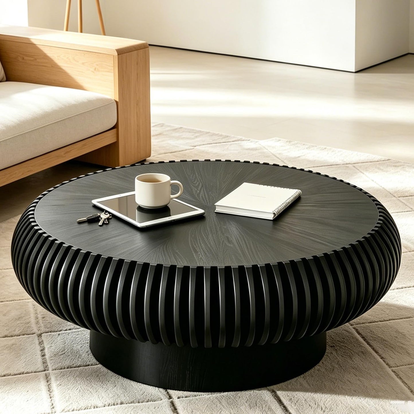31" Black Round Drum Wood Fluted Coffee Table (E, 1PC) | For Living Room, Wooden Grooves, Circle Pedestal Center Table, Farmhouse Modern Style, For Small Spaces, Easy Assembly