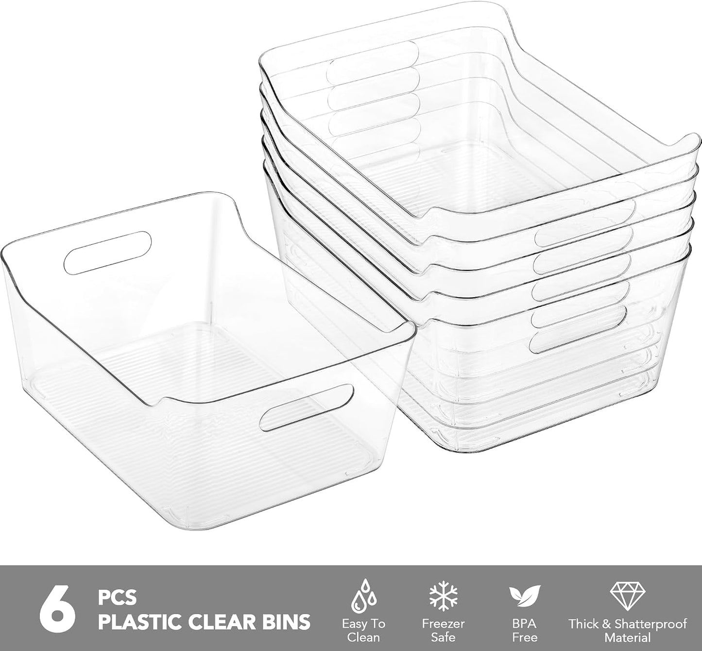 Tiawudi 6 Pack Plastic Storage Bins, Extra Large Pantry Organizer, 13.5" x 10" Clear Storage Containers and Organizer Bins, Multi-Use Bins for Home, Kitchen, Closet and Cabinet