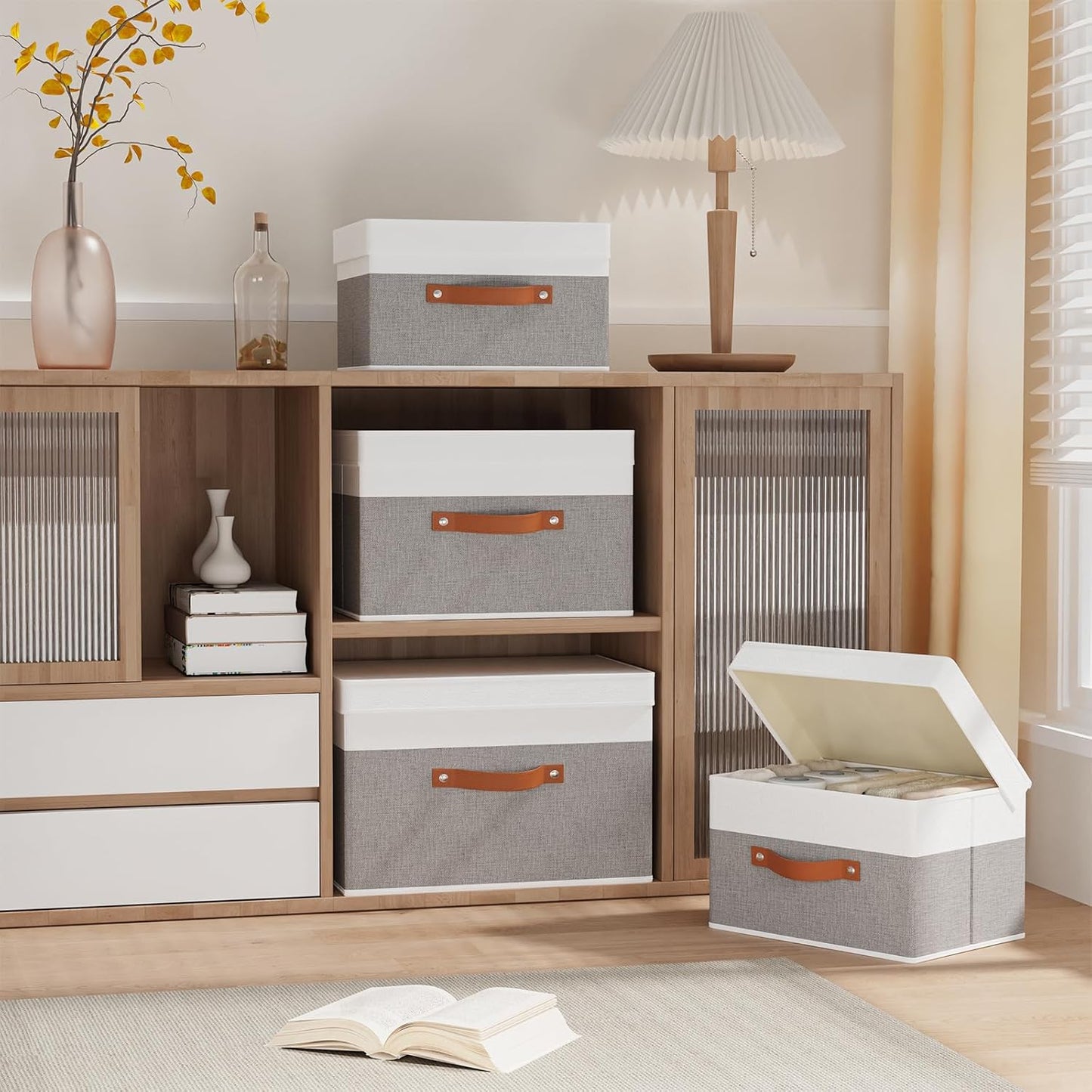 Storage Baskets with Lids, Closet Organizer Boxes, Foldable Shelves Storage Bins with Handles, White and Grey, 3 Pack, 13 x 9.1 x 7.9 Inch