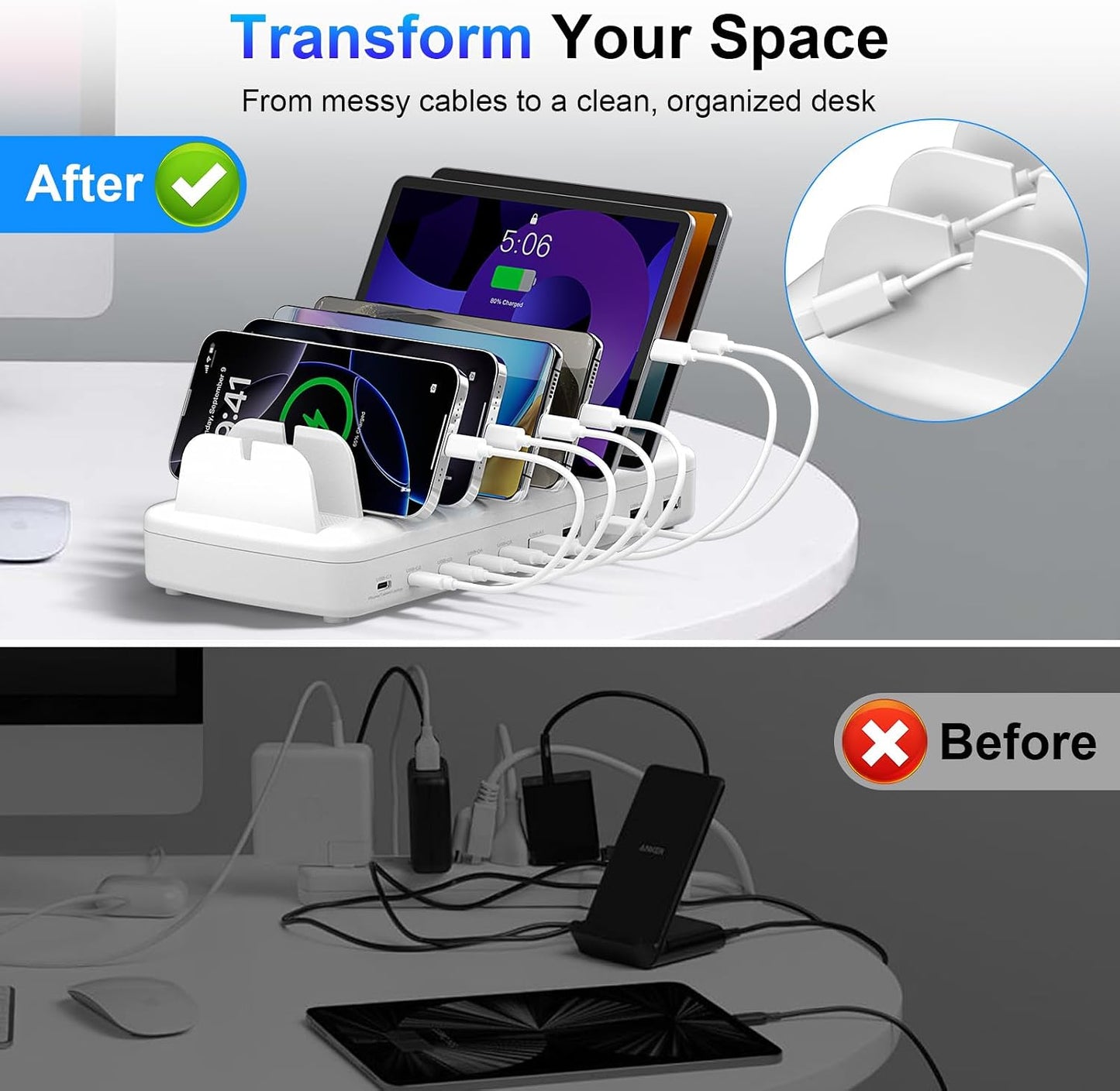 510W Fast Charging Station for Multiple Devices, 10 Port USB C Charger Station with Flame-Retardant Material & 8 Cables for iPhone, Android, iPad, Tablets, Family Office Desk Charging Dock Organizer