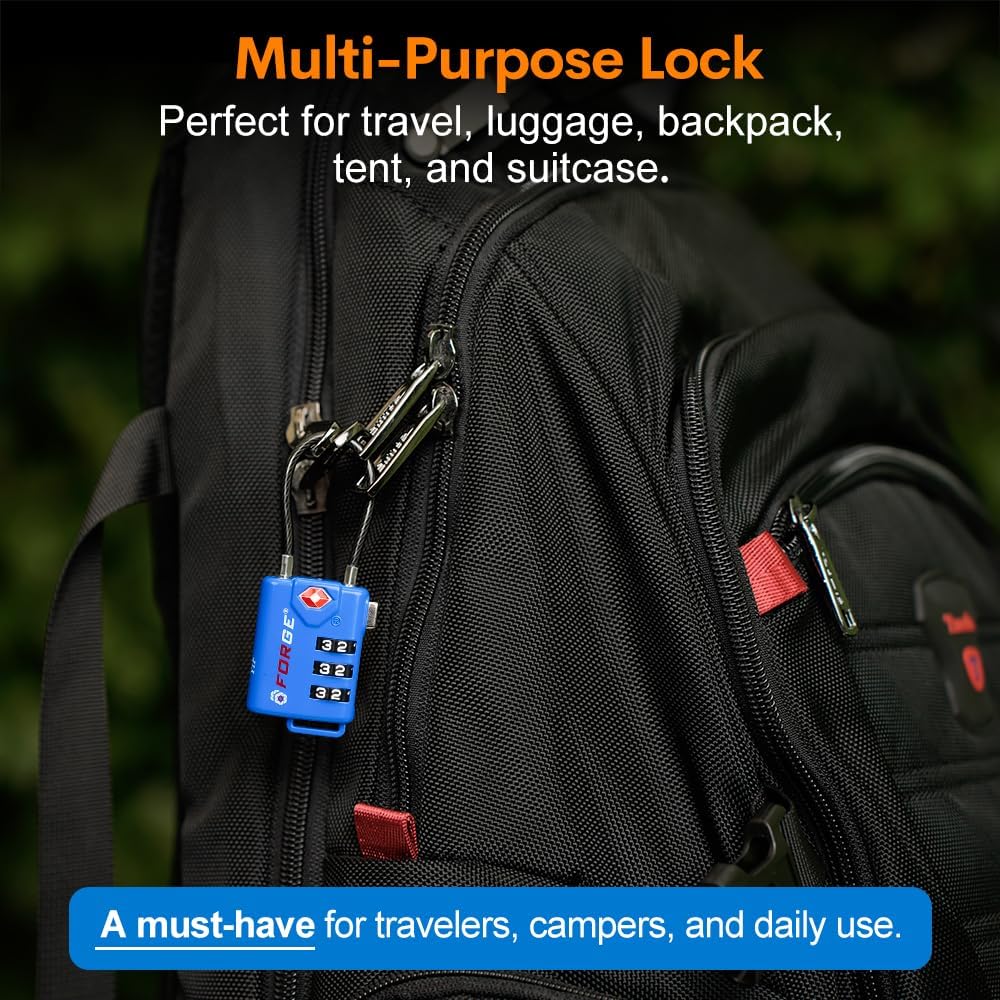 Bright Colors, TSA Approved Cable Luggage Locks 2 Pack Blue, Re-settable Combination with Alloy Body