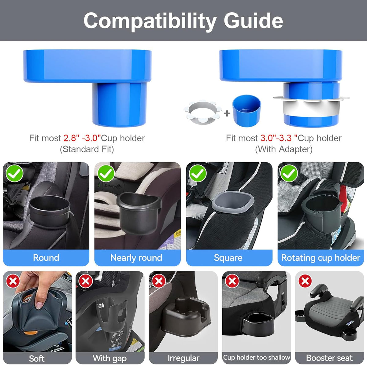 Car Seat Snack Tray for Toddlers - 3 Inch Cup Holder Fits Most Sippy Cups & Straw Bottles with Dip Well, Mess-Free Square Kids Travel Tray Road Trip Essentials, Blue